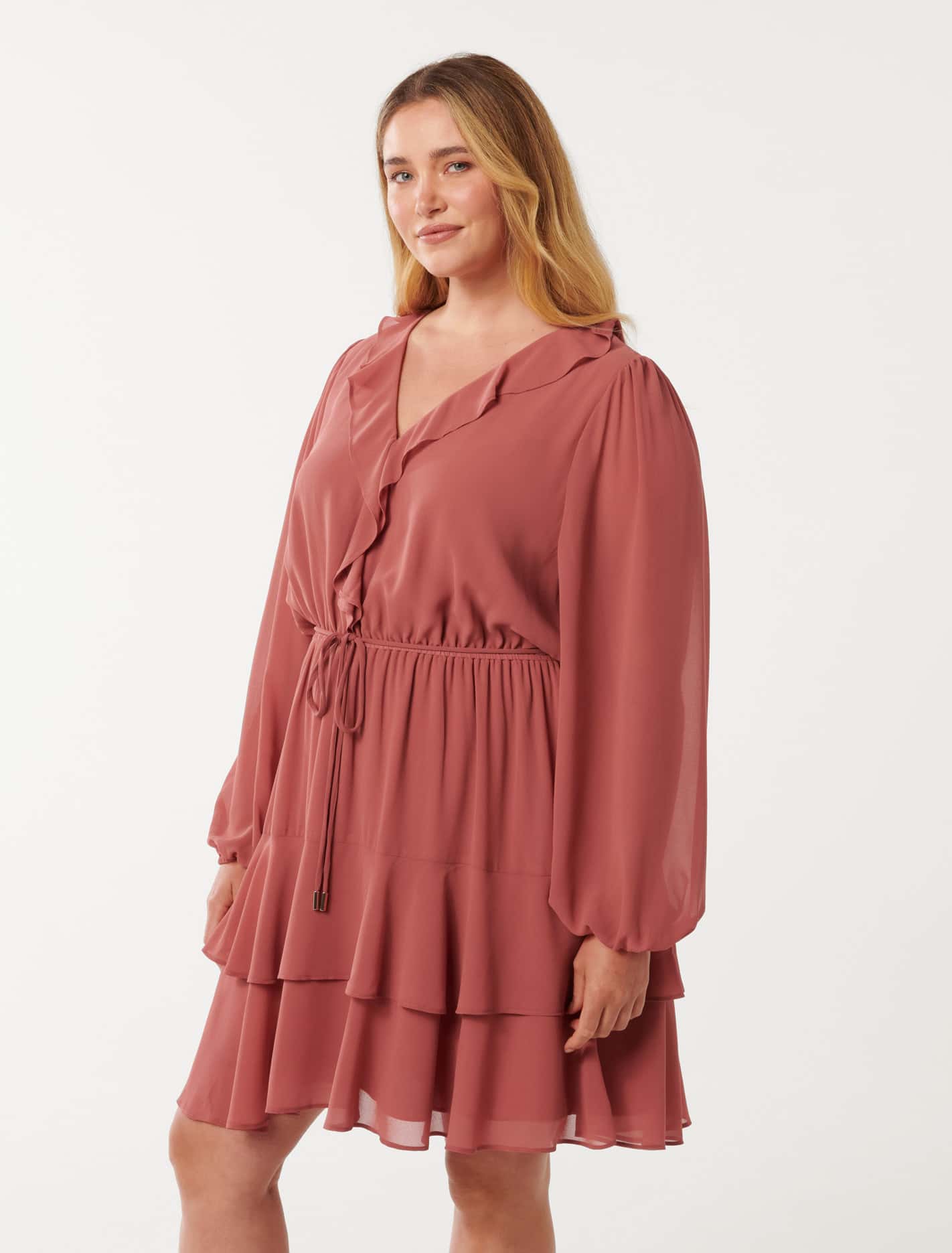 Heather Curve Ruffle Mini Dress Dark Rose