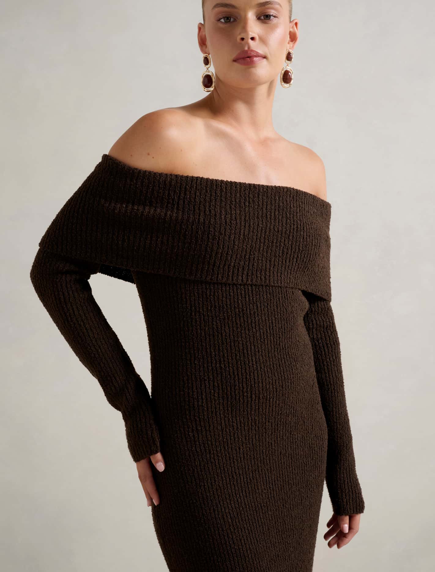 Alexa Boucle Midi Dress Shadow Brown