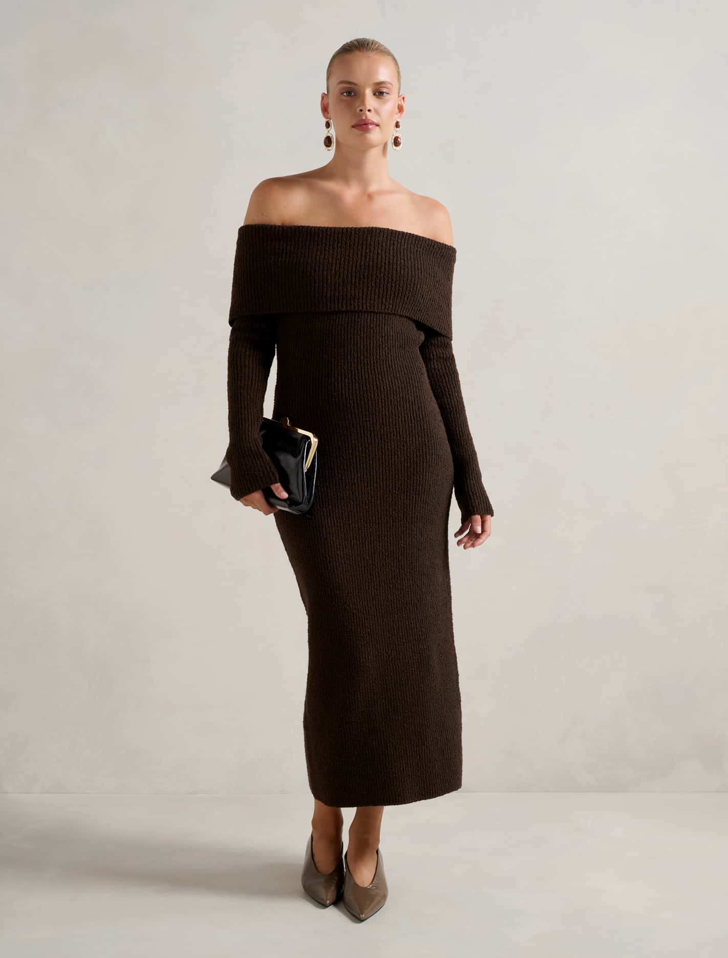 Alexa Boucle Midi Dress Shadow Brown