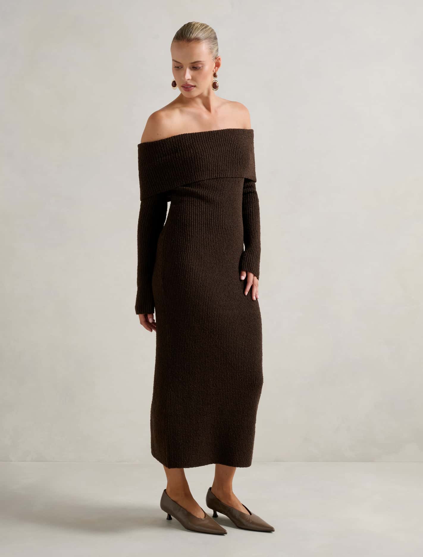 Alexa Boucle Midi Dress Shadow Brown