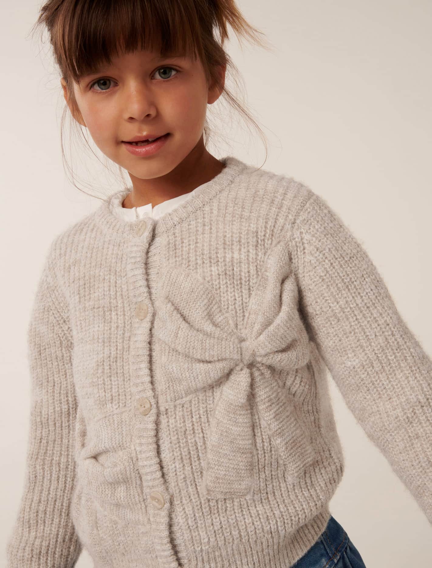 Nellie Girls Bow Knit Cardi Biscotti Marle