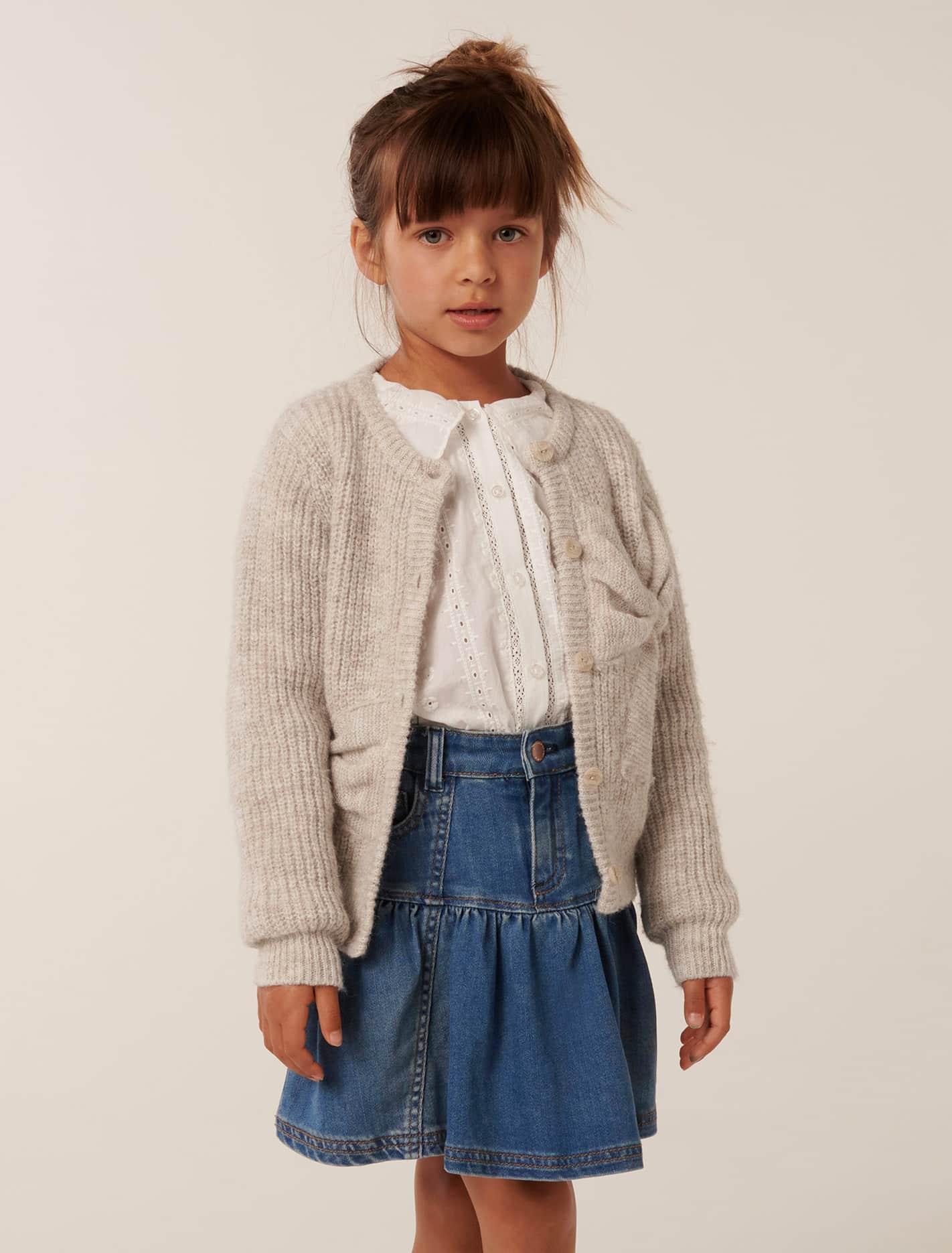 Nellie Girls Bow Knit Cardi Biscotti Marle