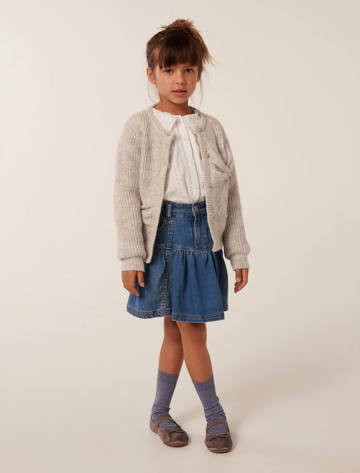 Nellie Girls Bow Knit Cardi Biscotti Marle