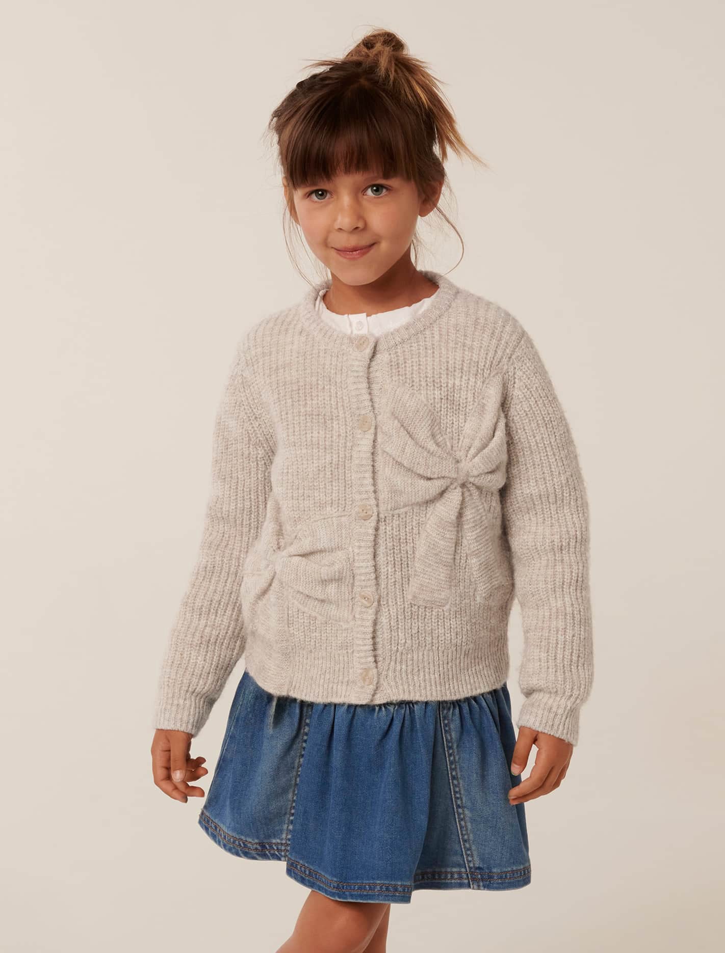 Nellie Girls Bow Knit Cardi Biscotti Marle