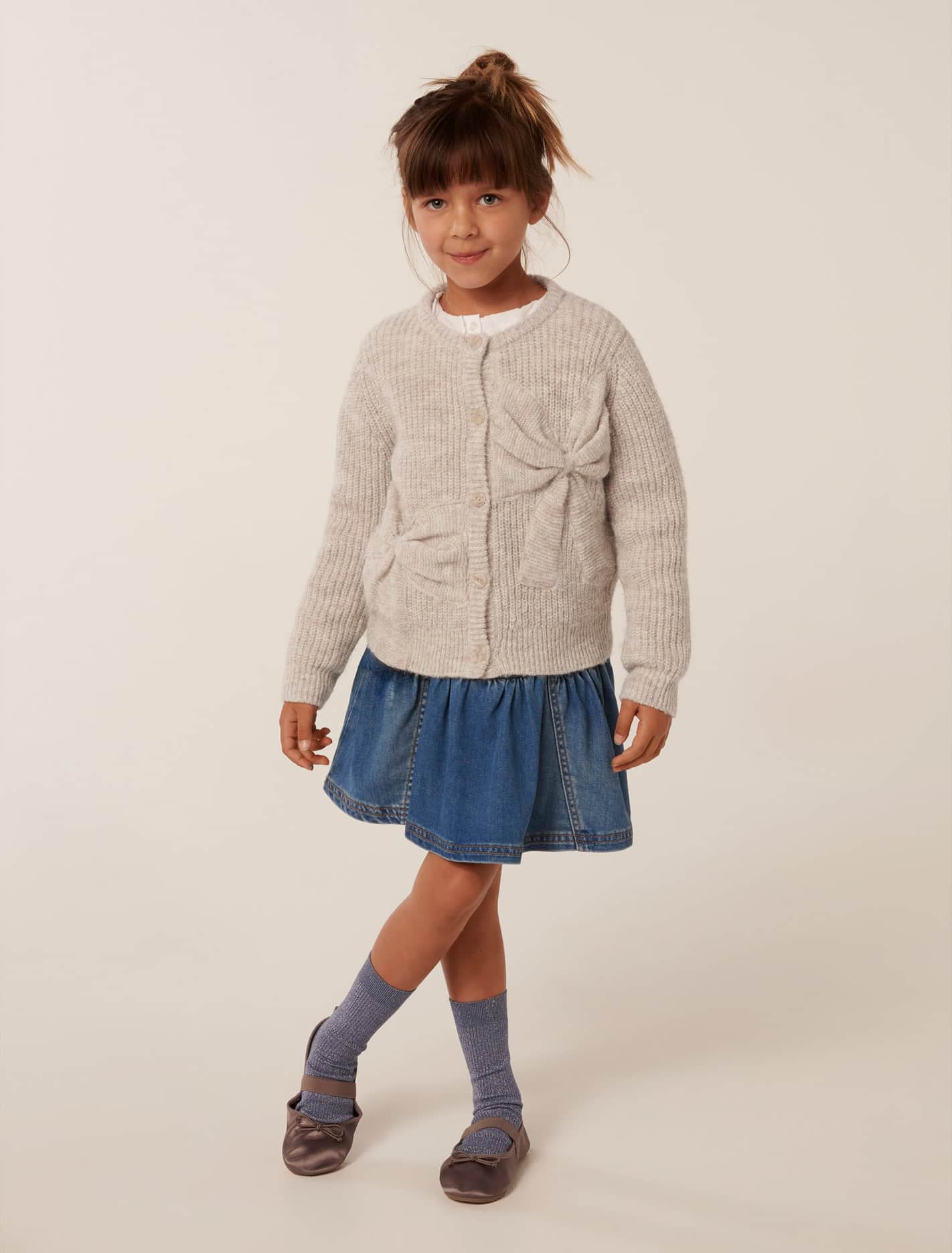 Nellie Girls Bow Knit Cardi Biscotti Marle