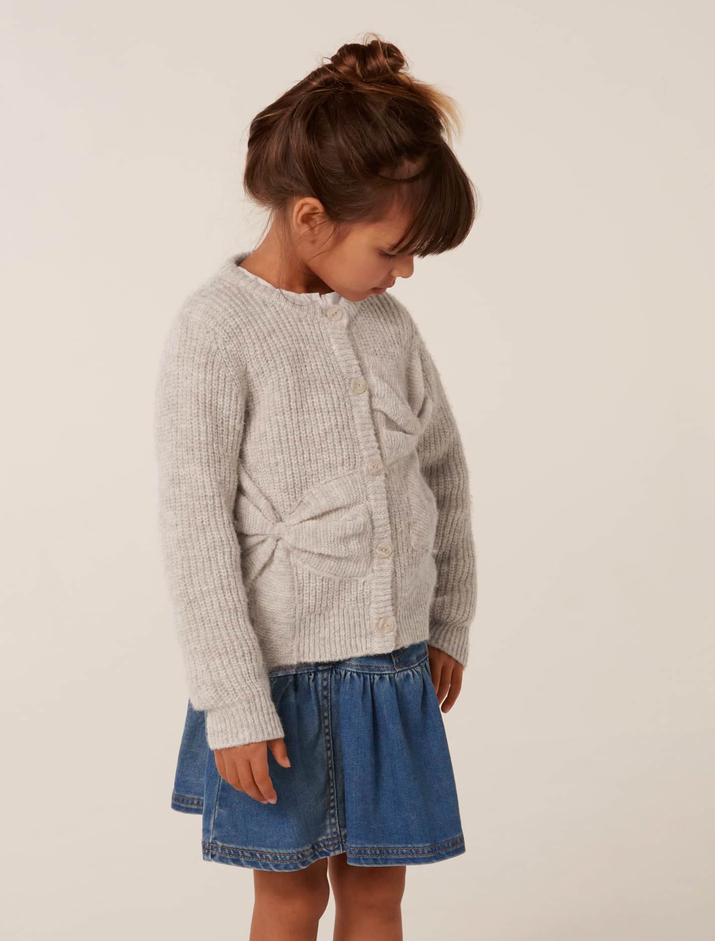 Nellie Girls Bow Knit Cardi Biscotti Marle