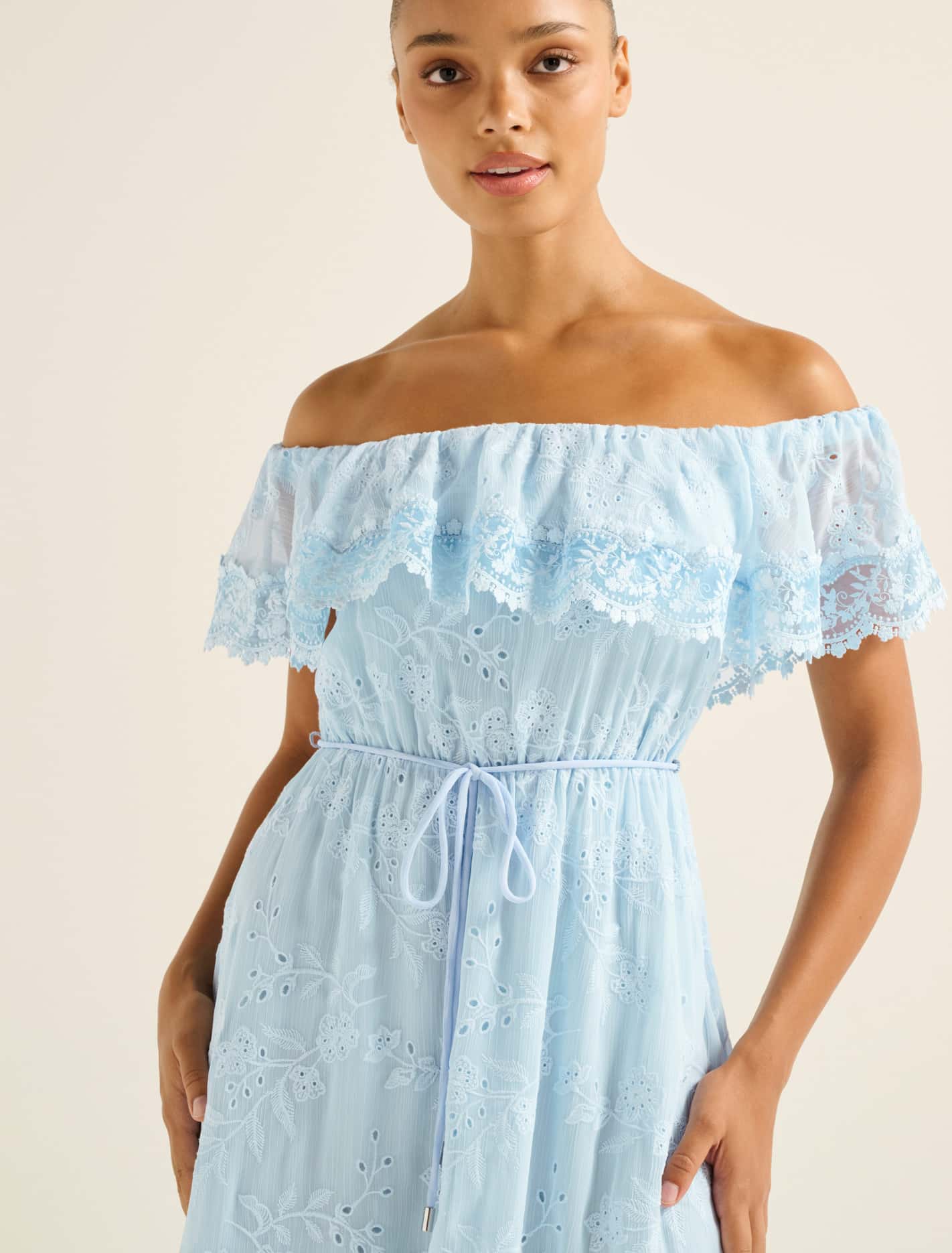 Lanny Off-Shoulder Embroidered Midi Dress Blue
