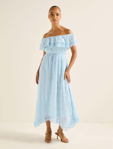 Lanny Off-Shoulder Embroidered Midi Dress Blue