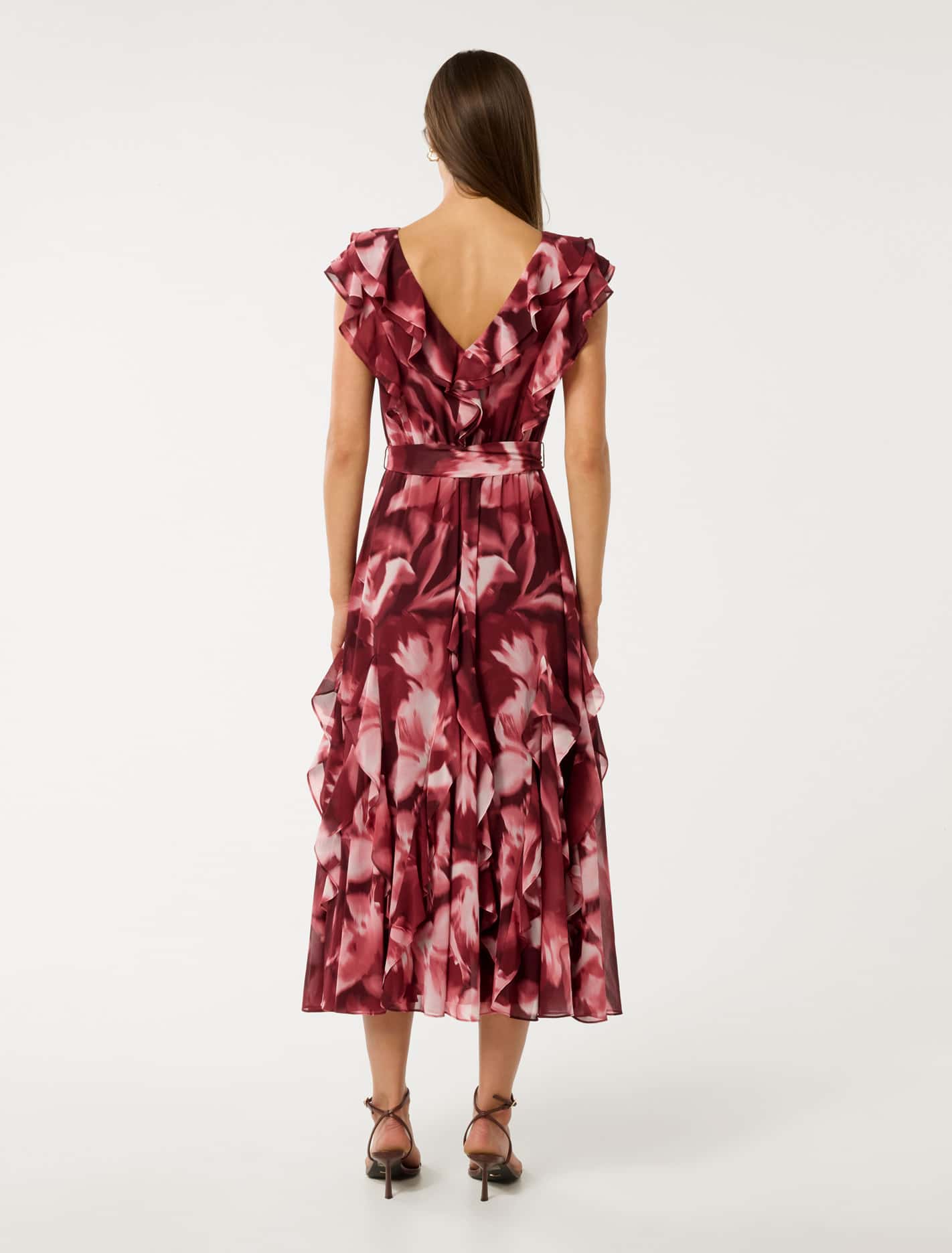 Naya Ruffle Midi Dress Berry Odella Floral