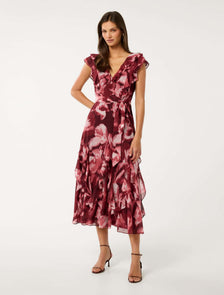 Naya Ruffle Midi Dress Berry Odella Floral