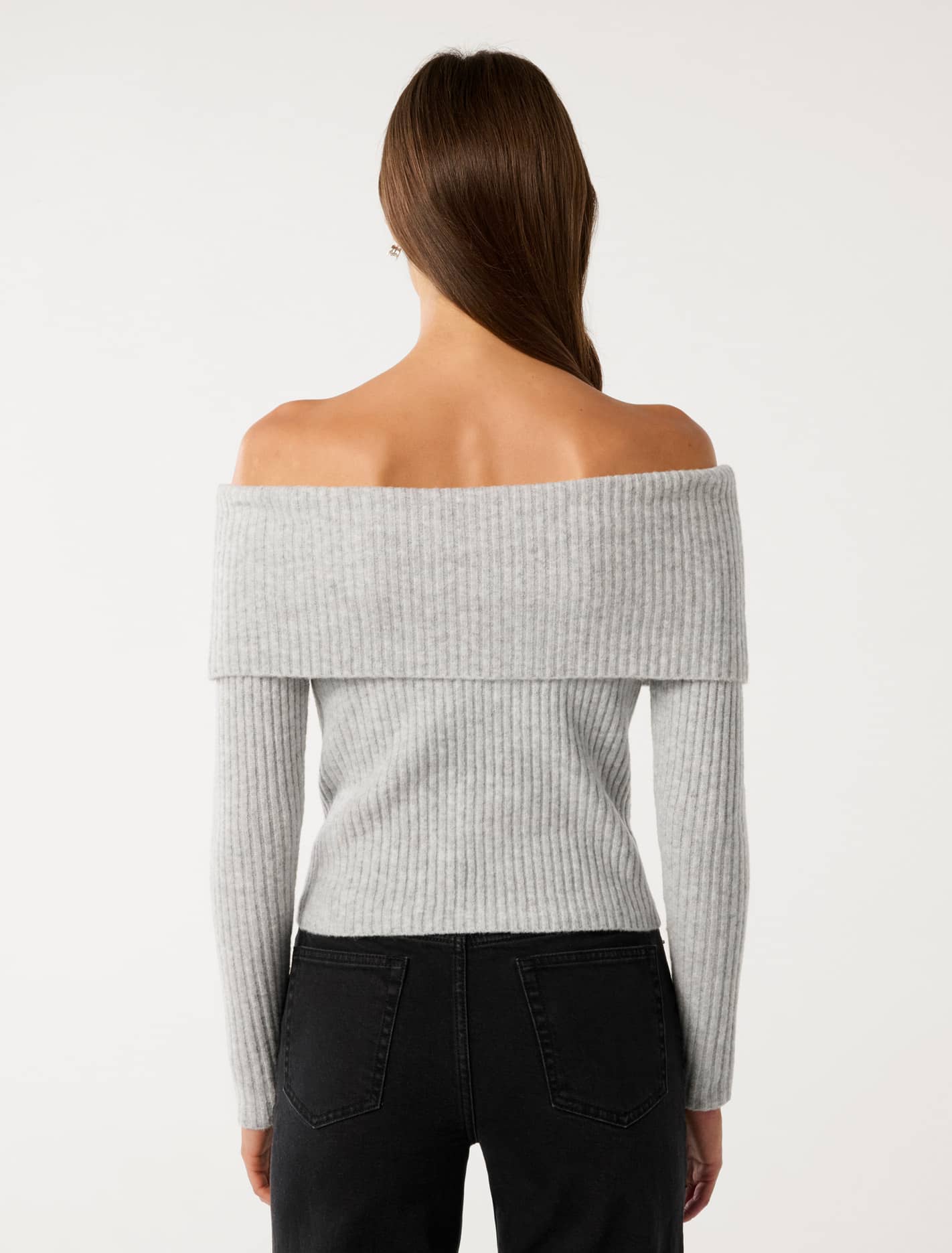 Ashley Ribbed Knit Bardot Top Soft Grey