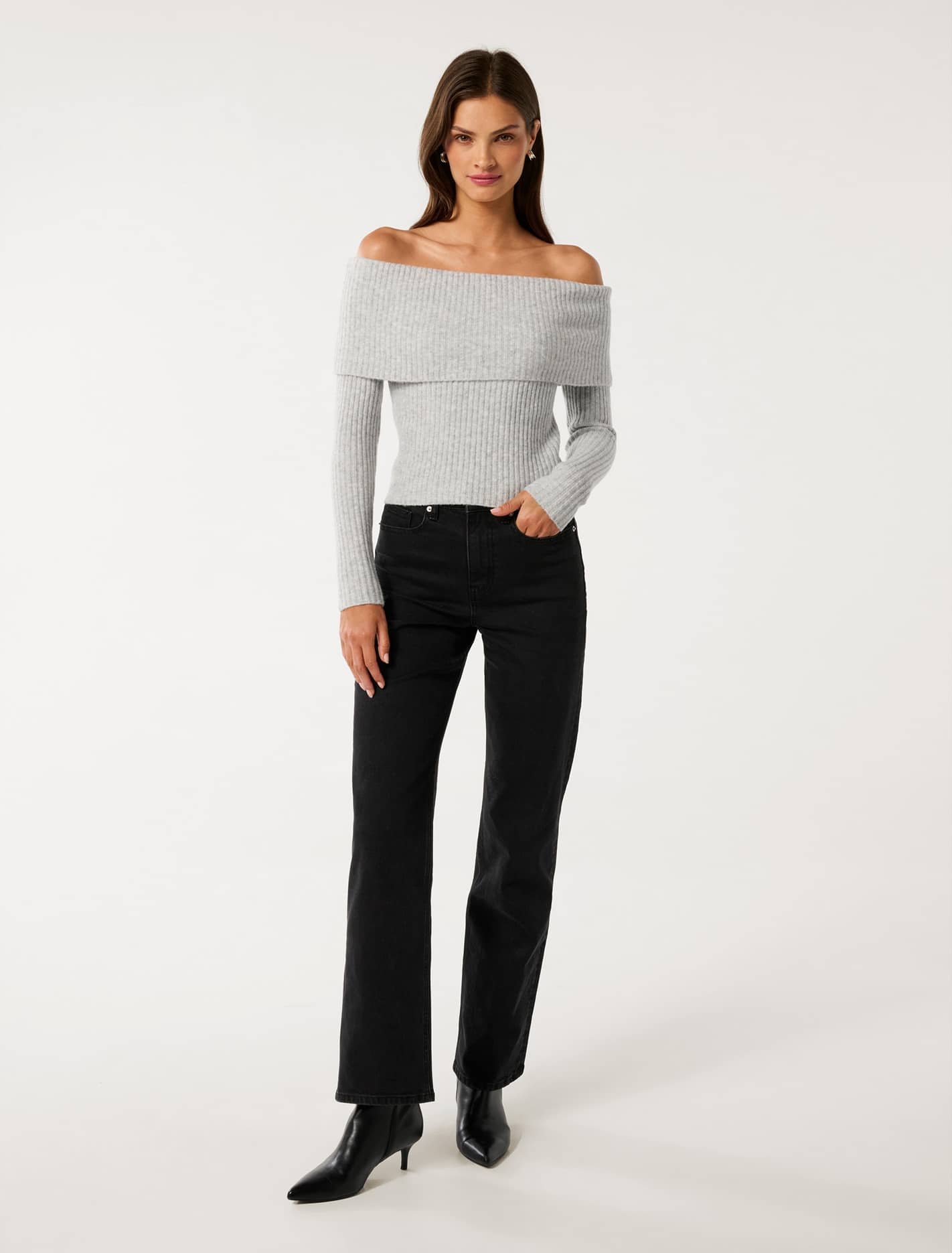 Ashley Ribbed Knit Bardot Top Soft Grey