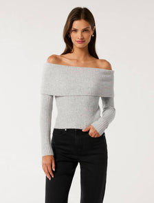 Ashley Ribbed Knit Bardot Top Soft Grey