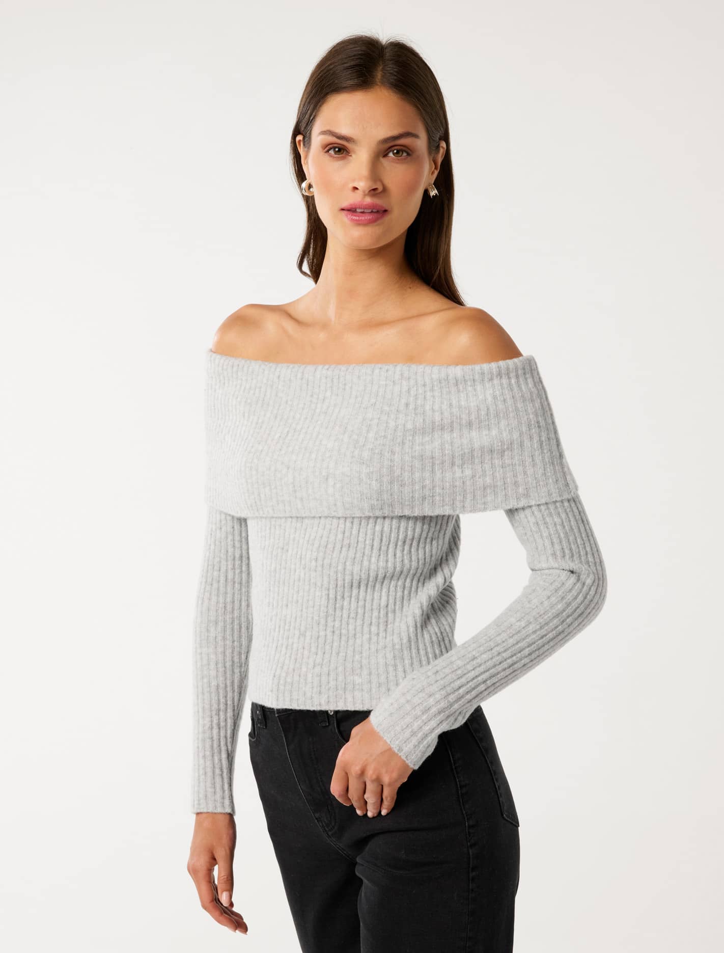 Ashley Ribbed Knit Bardot Top Soft Grey