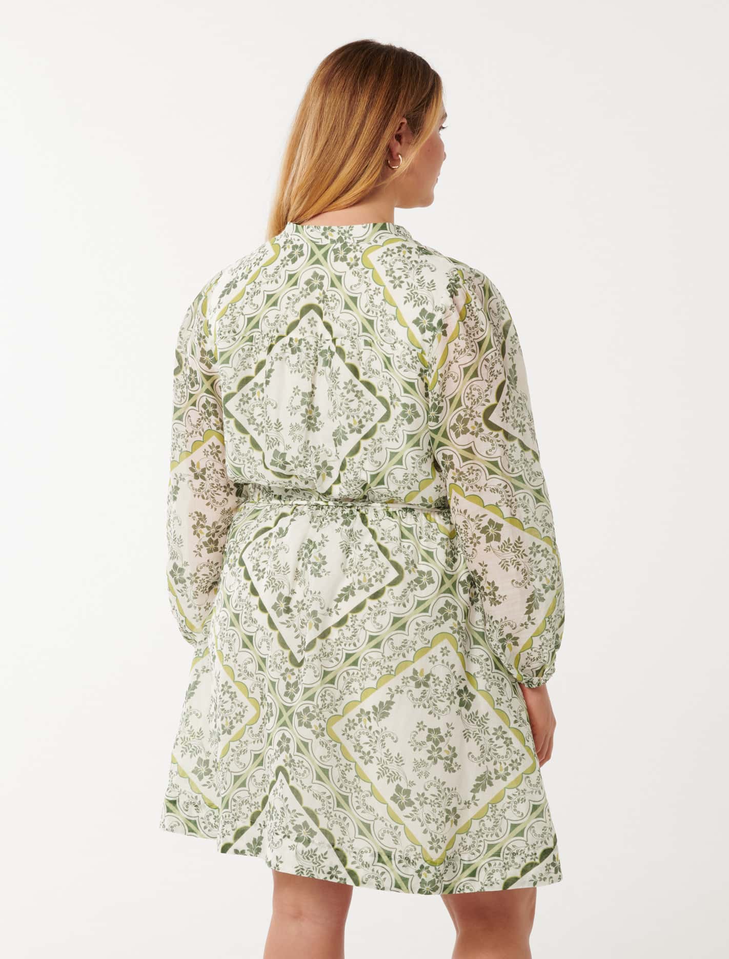 Arden Curve Long Sleeve Mini Dress Green Penola Tile