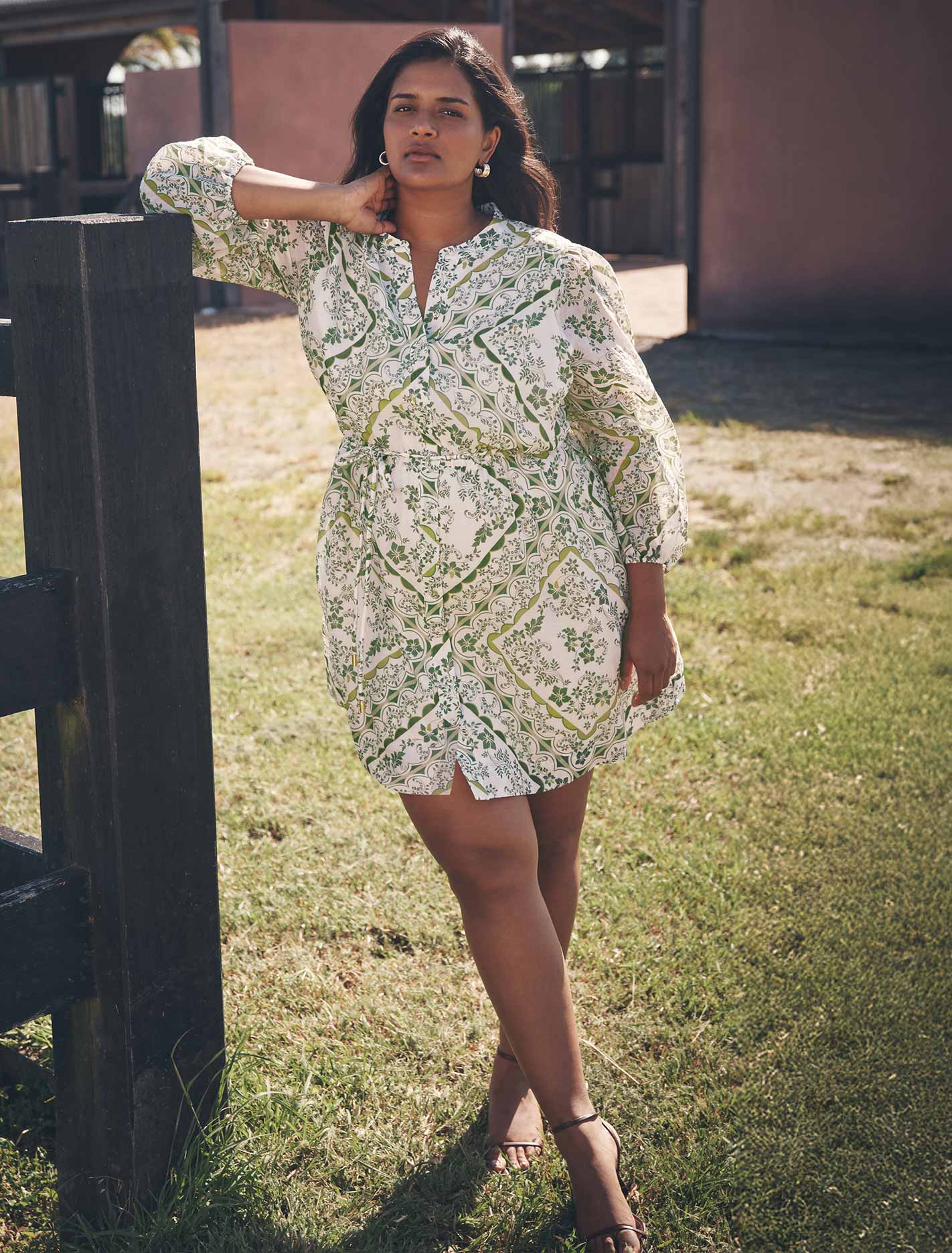 Arden Curve Long Sleeve Mini Dress Green Penola Tile
