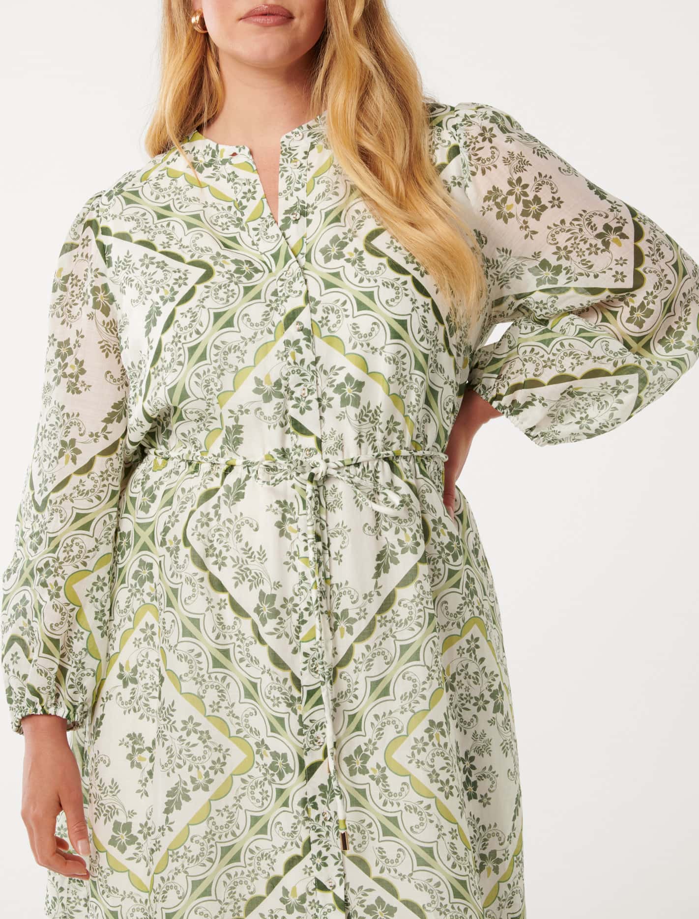 Arden Curve Long Sleeve Mini Dress Green Penola Tile