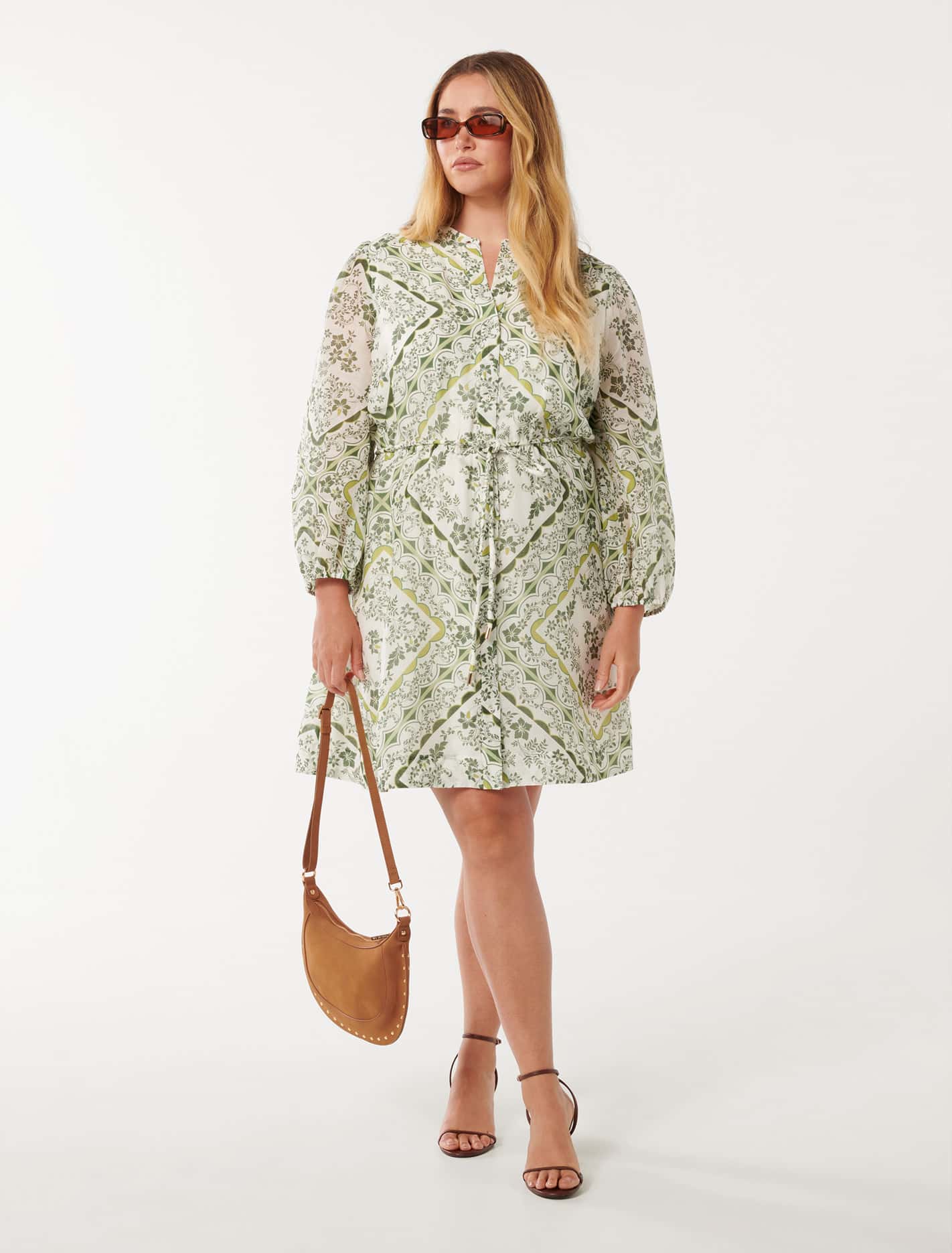 Arden Curve Long Sleeve Mini Dress Green Penola Tile