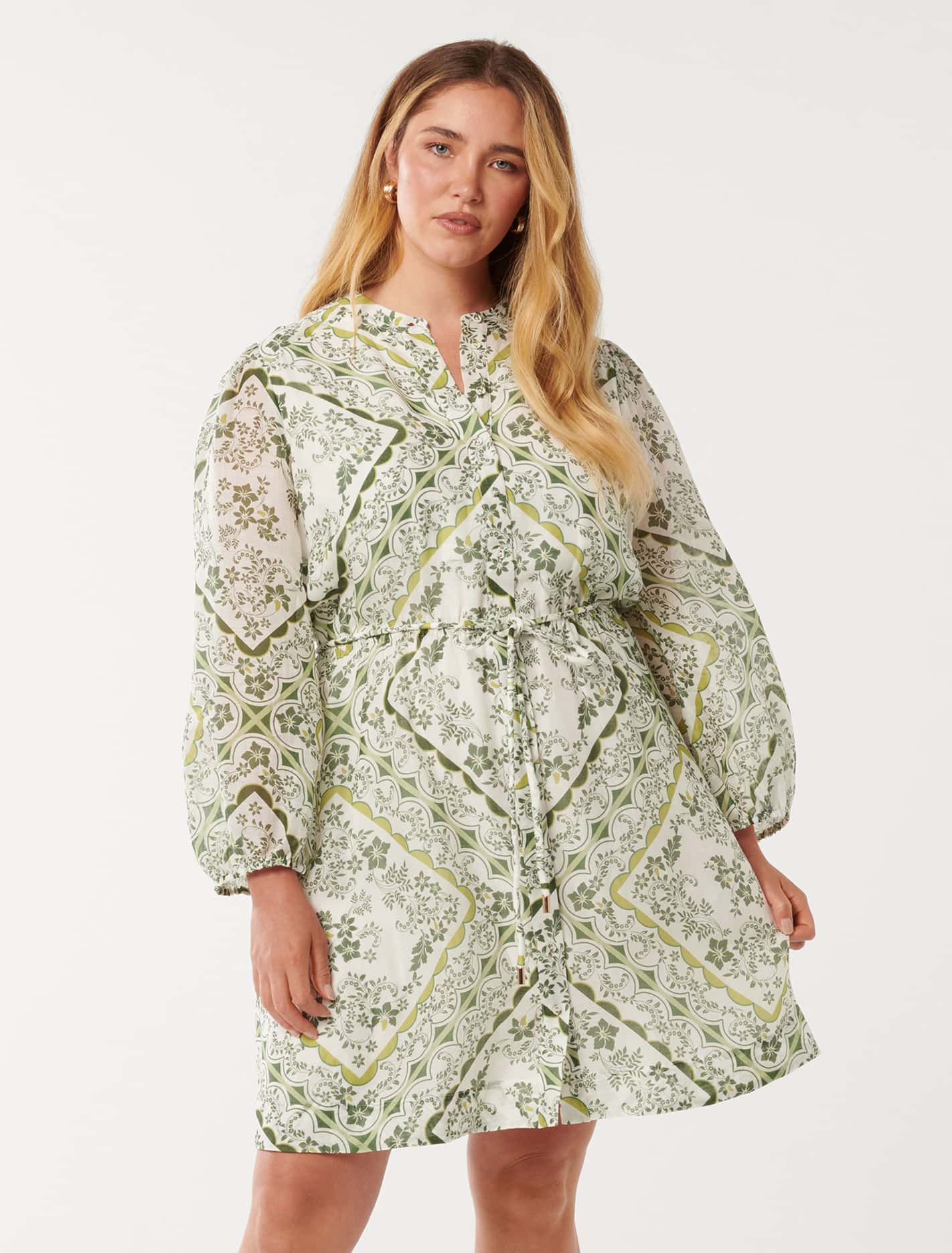 Arden Curve Long Sleeve Mini Dress Green Penola Tile