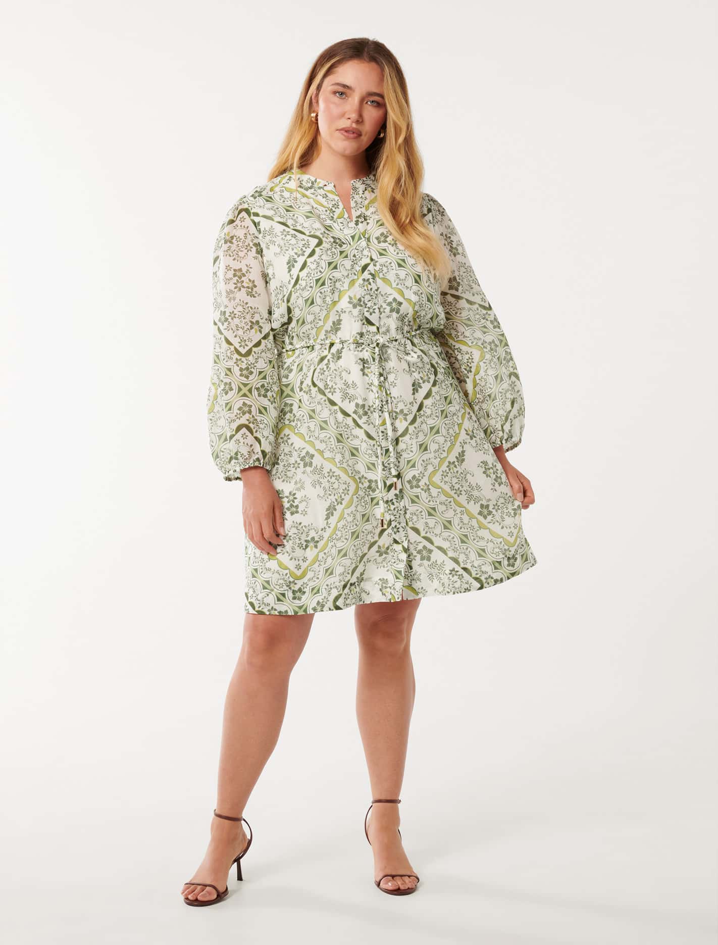 Arden Curve Long Sleeve Mini Dress Green Penola Tile
