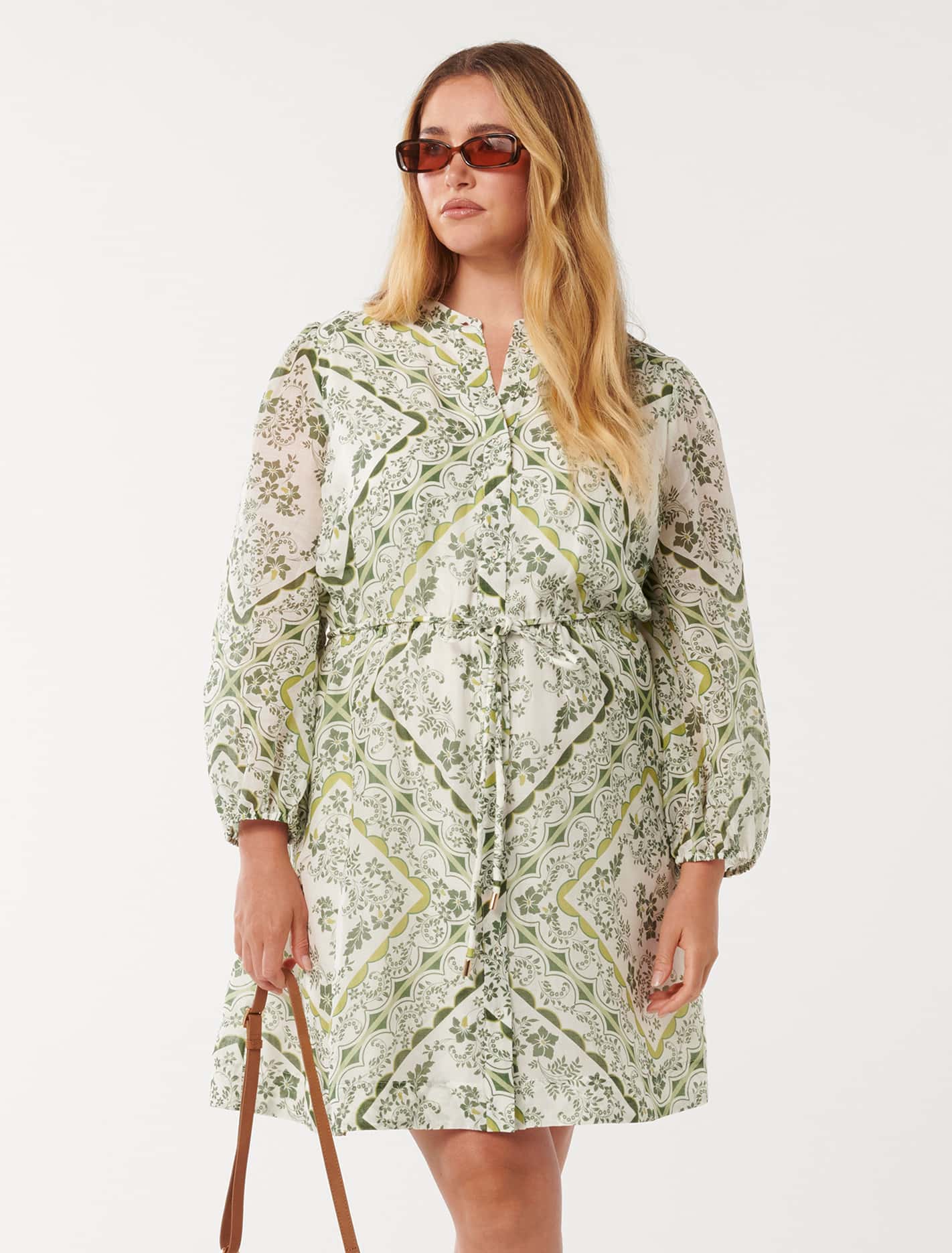 Arden Curve Long Sleeve Mini Dress Green Penola Tile