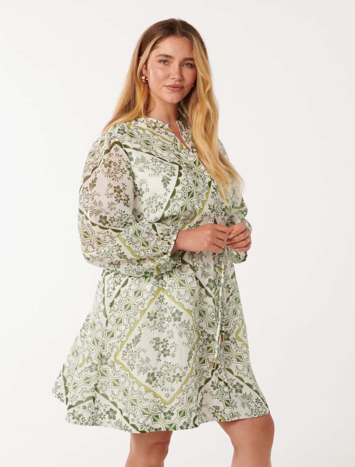 Arden Curve Long Sleeve Mini Dress Green Penola Tile