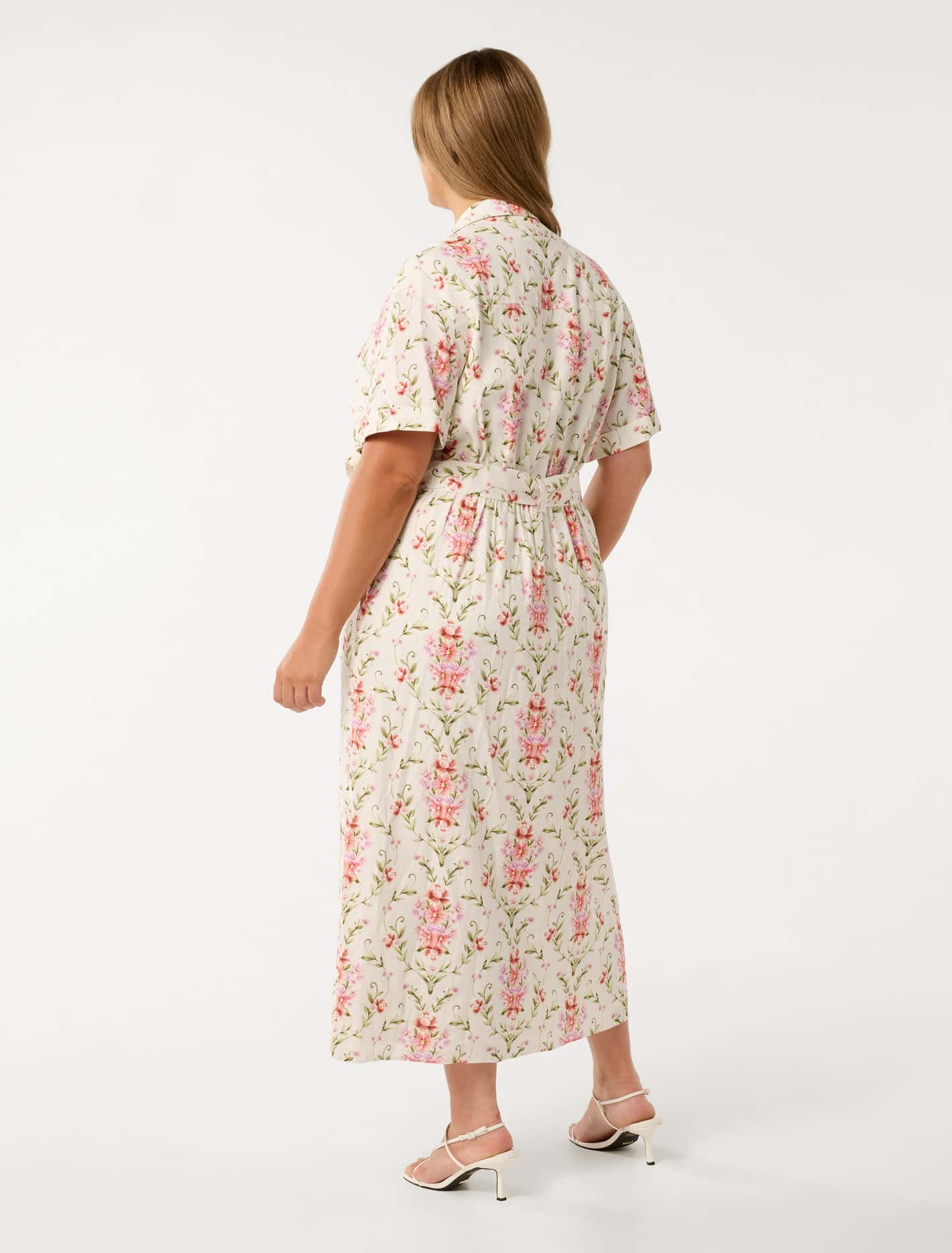 Willow Curve Short Sleeve Linen Midi Dress Pink Harmony Floral