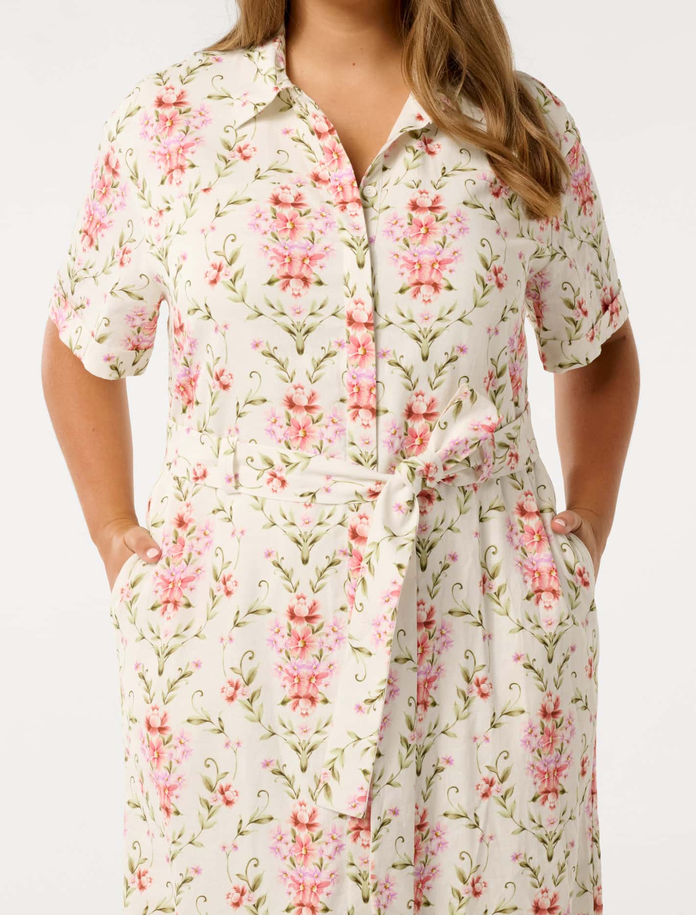 Willow Curve Short Sleeve Linen Midi Dress Pink Harmony Floral