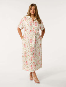 Willow Curve Short Sleeve Linen Midi Dress Pink Harmony Floral
