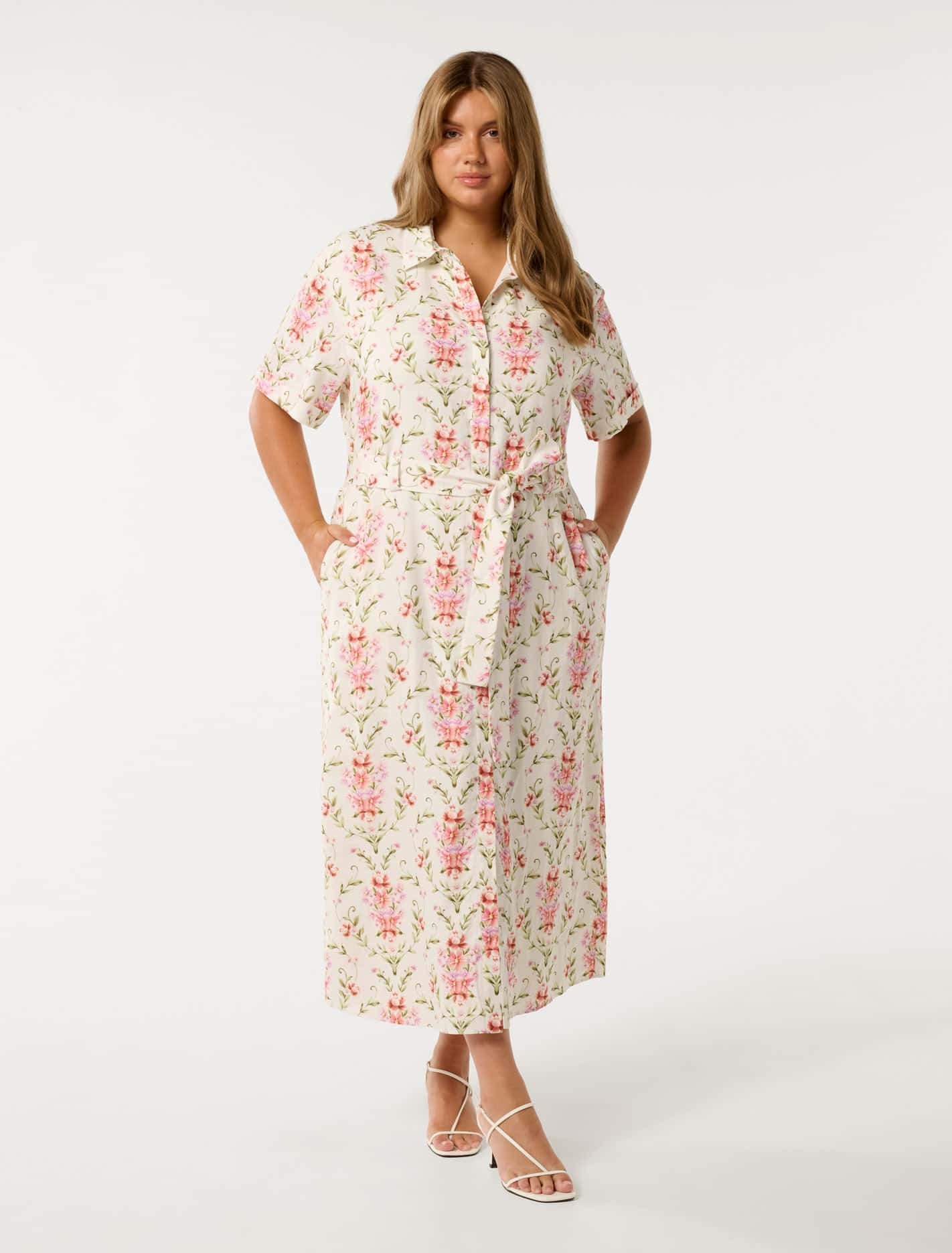 Willow Curve Short Sleeve Linen Midi Dress Pink Harmony Floral