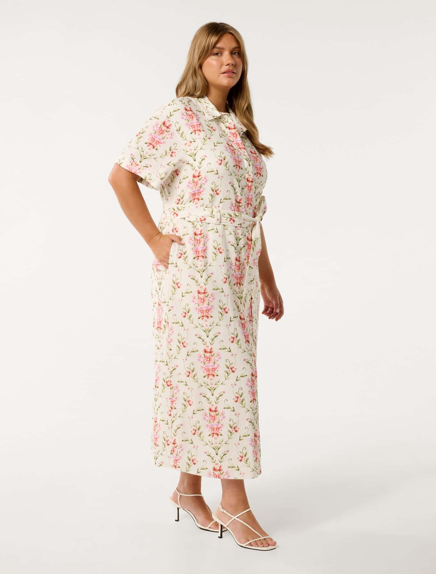Willow Curve Short Sleeve Linen Midi Dress Pink Harmony Floral