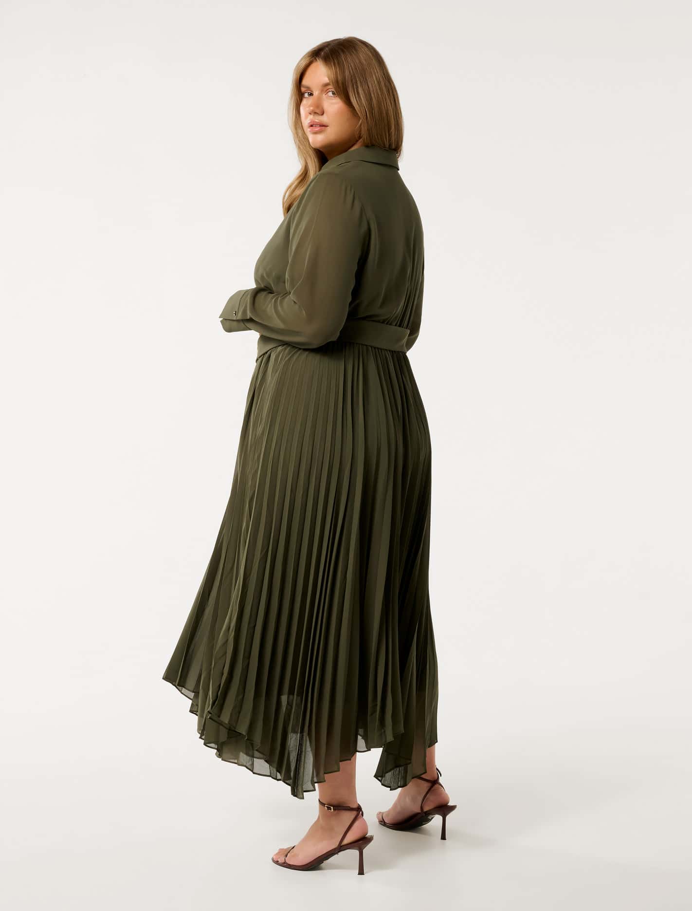 Theresa Curve Wrap Pleat Midi Dress Khaki
