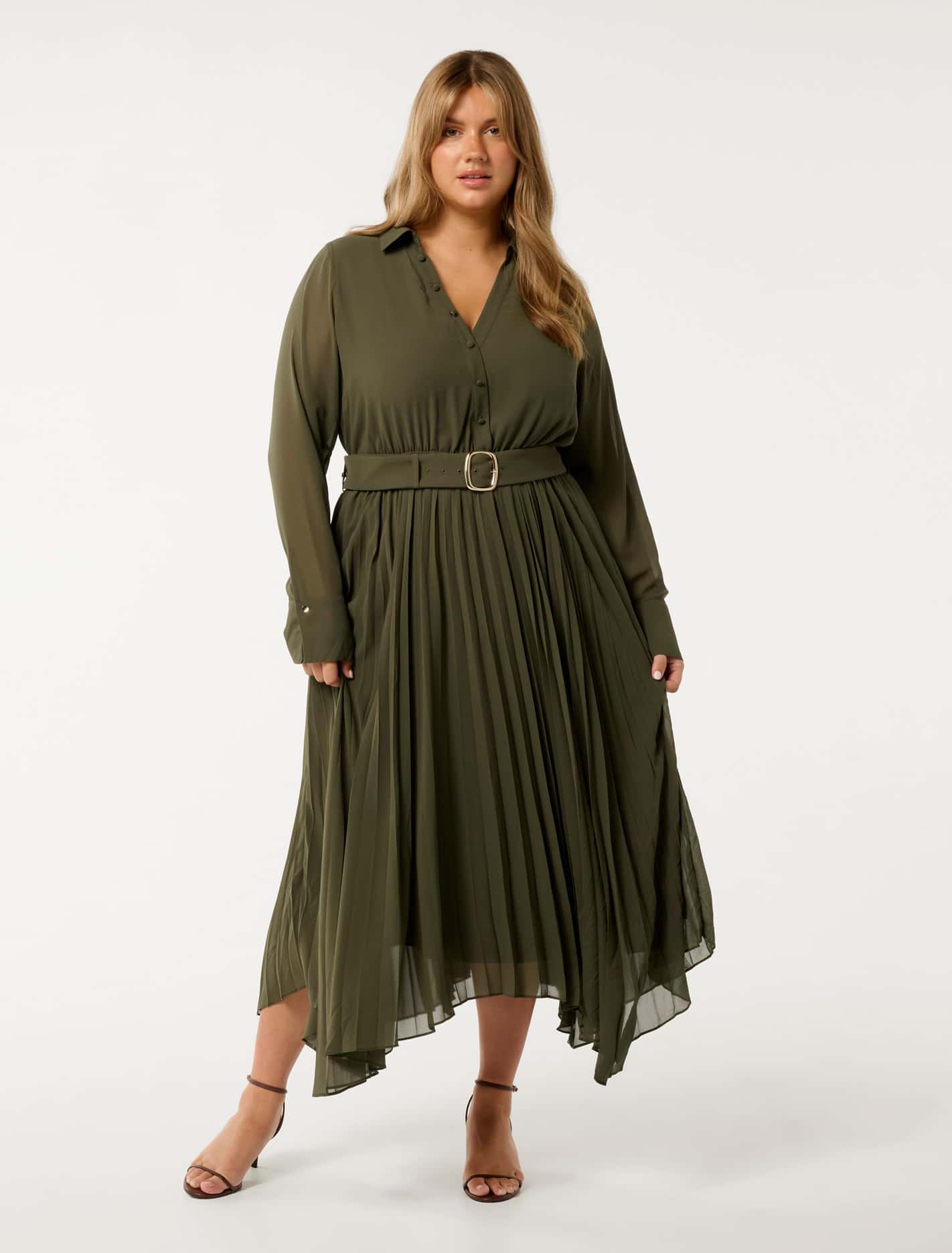 Theresa Curve Wrap Pleat Midi Dress Khaki