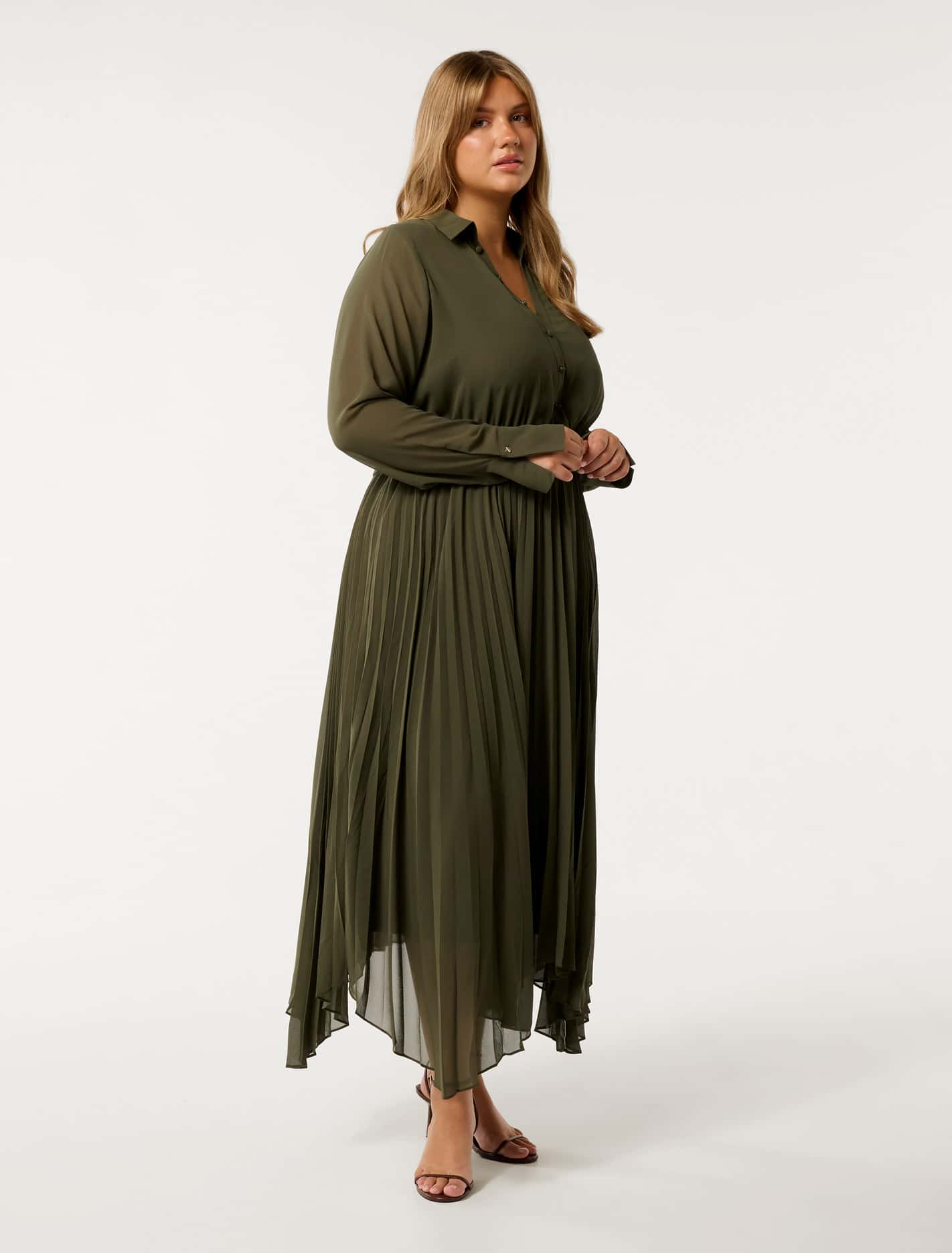 Theresa Curve Wrap Pleat Midi Dress Khaki