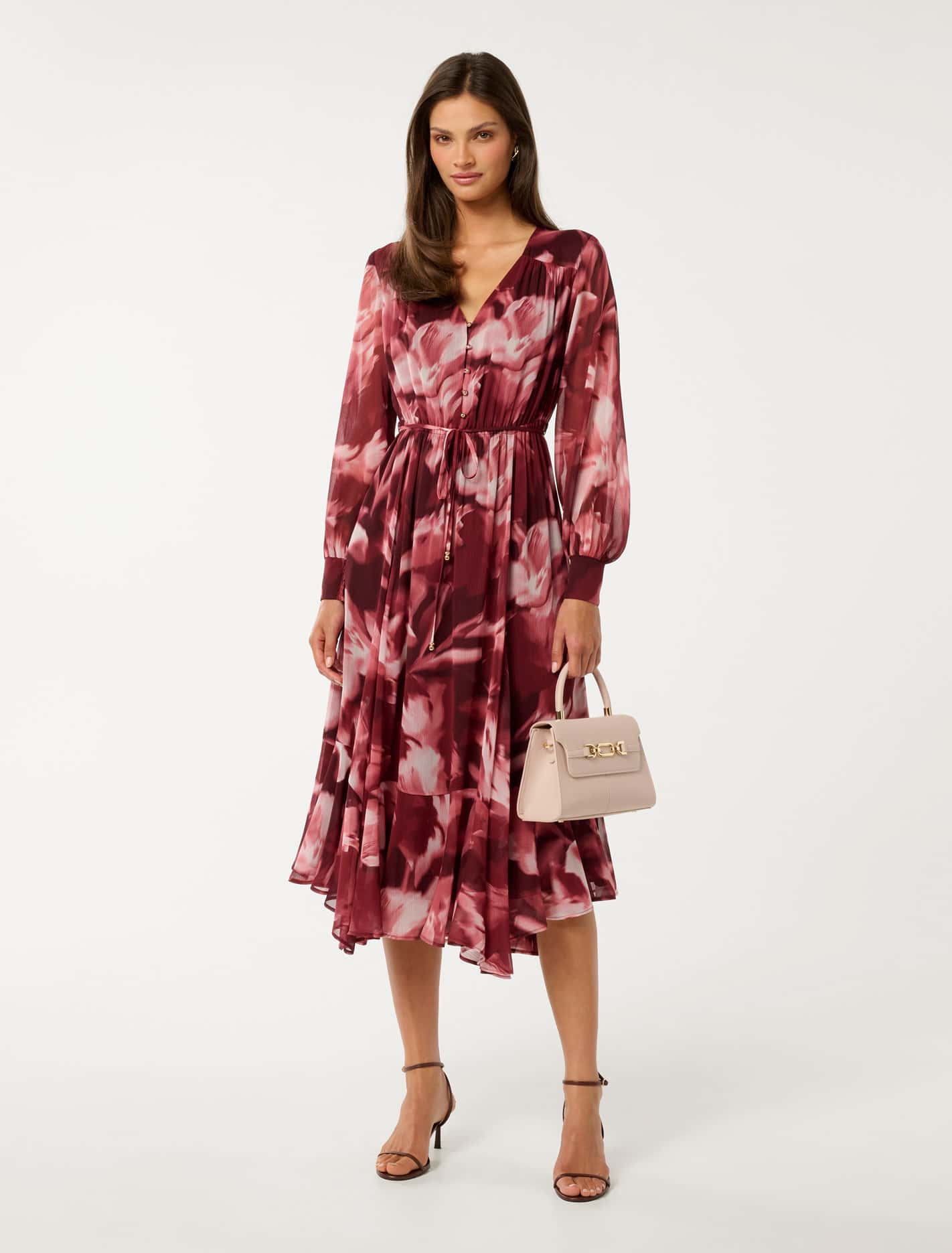 Elizabeth Long Sleeve Midi Dress Berry Odella Floral