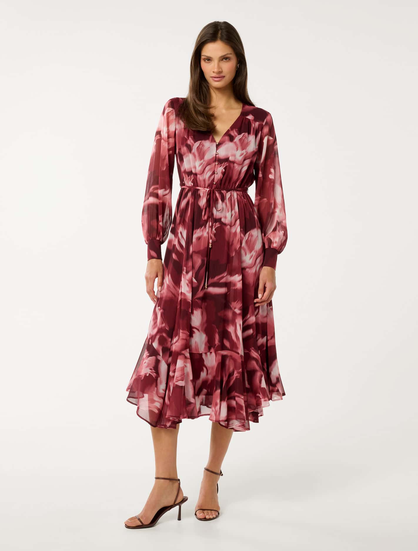 Elizabeth Long Sleeve Midi Dress Berry Odella Floral