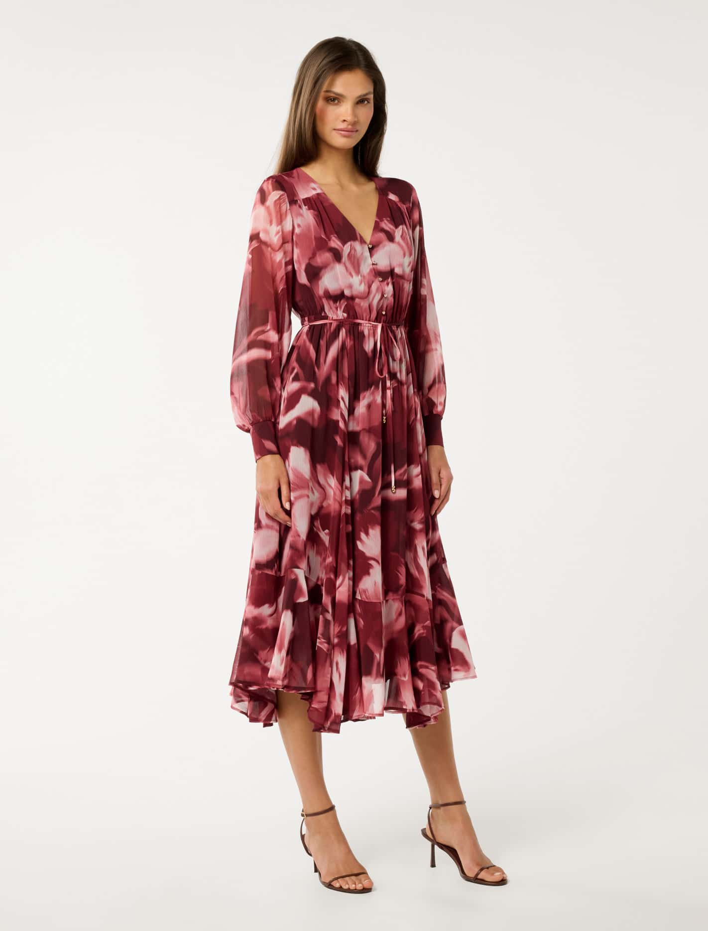 Elizabeth Long Sleeve Midi Dress Berry Odella Floral