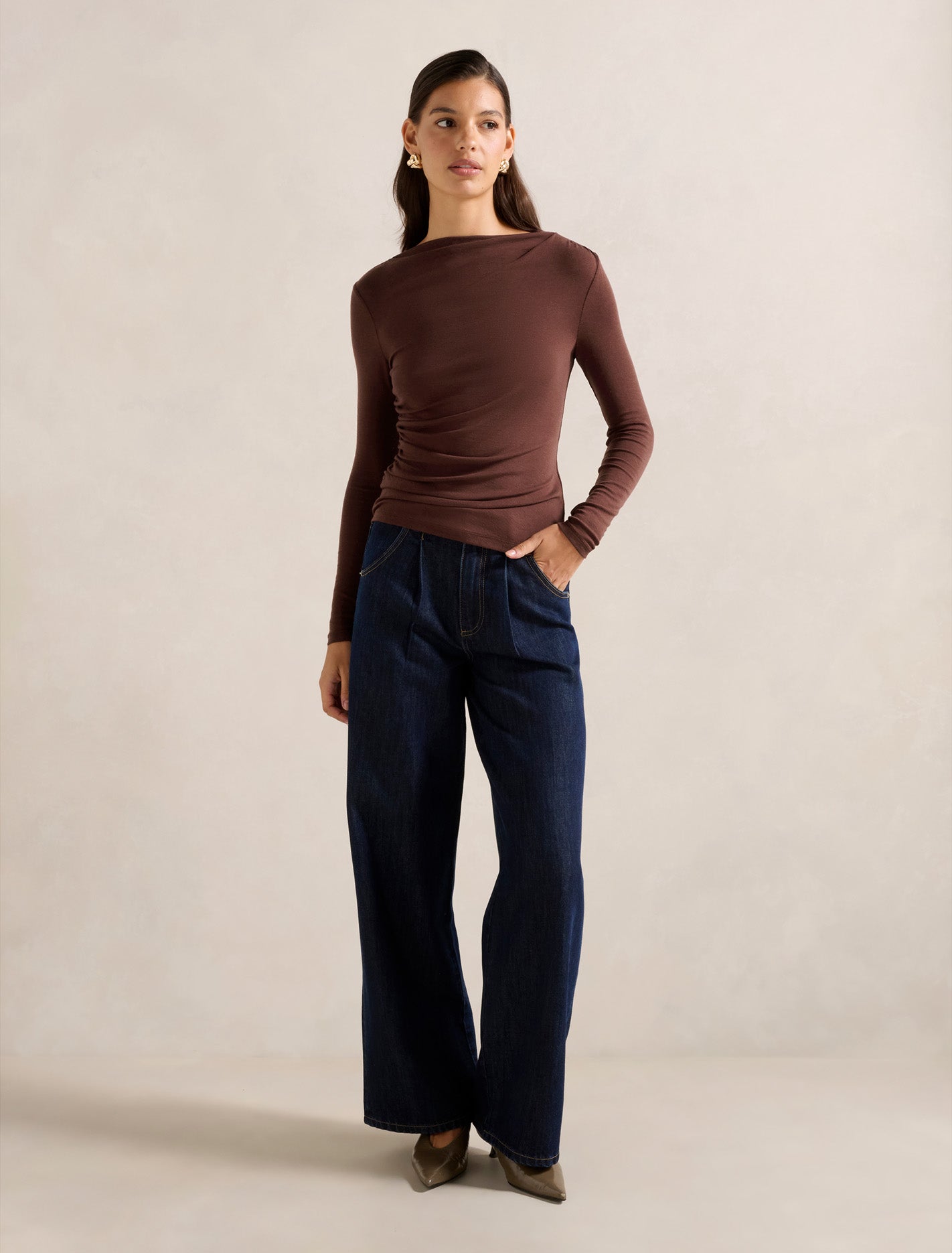 RaeLynn Ruched Wool Blend Top Rum Raisin