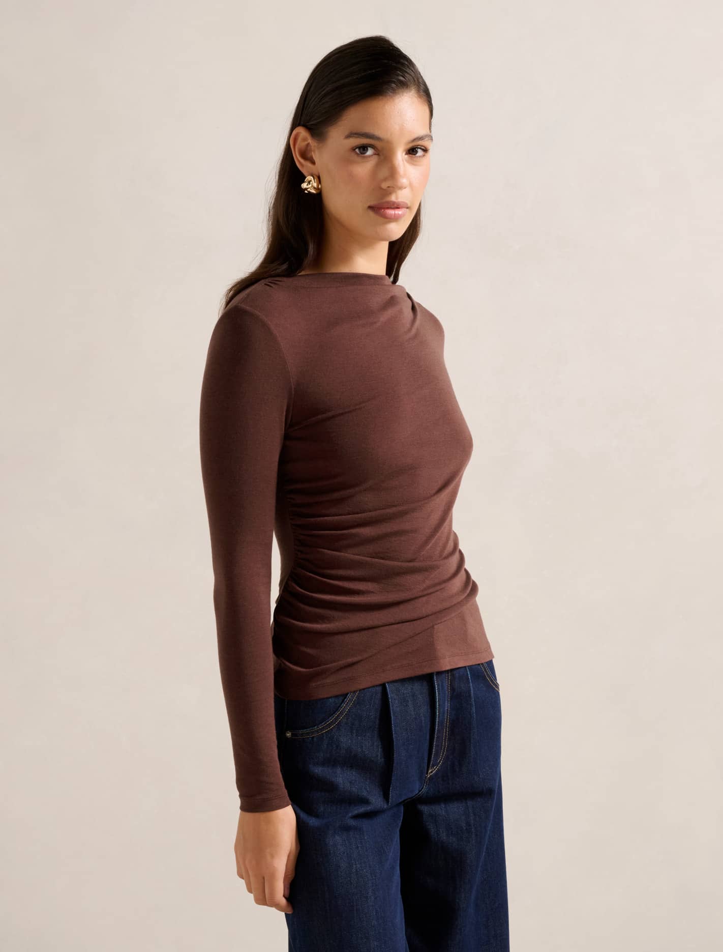 RaeLynn Ruched Wool Blend Top Rum Raisin