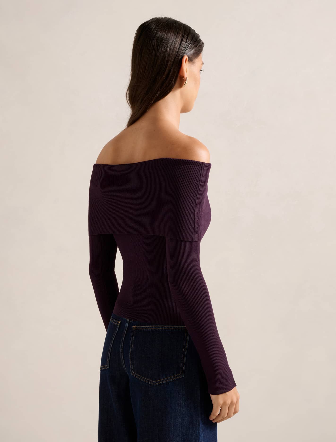 Billie Fold Over Knitted Bardot Top Mulberry