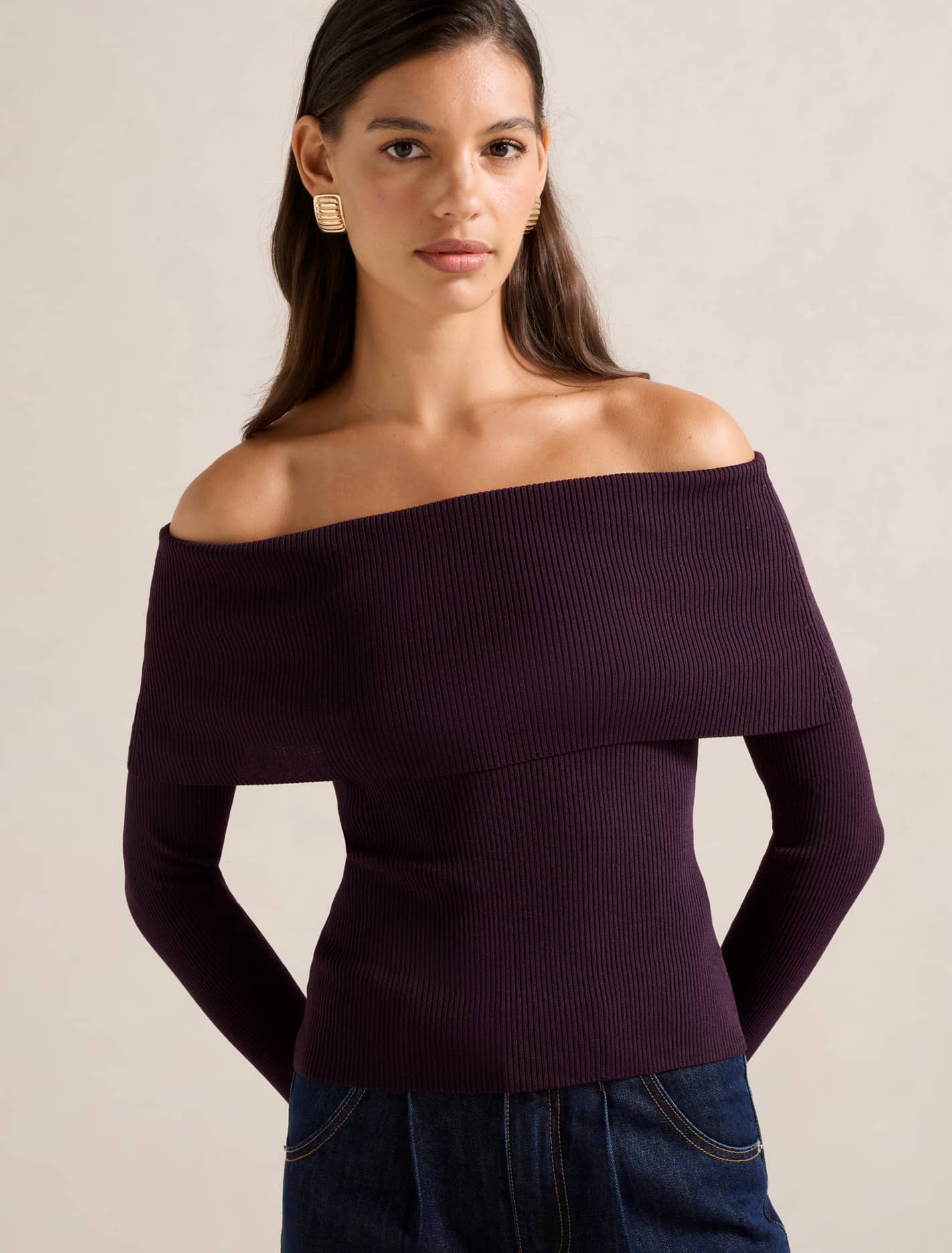Billie Fold Over Knitted Bardot Top Mulberry