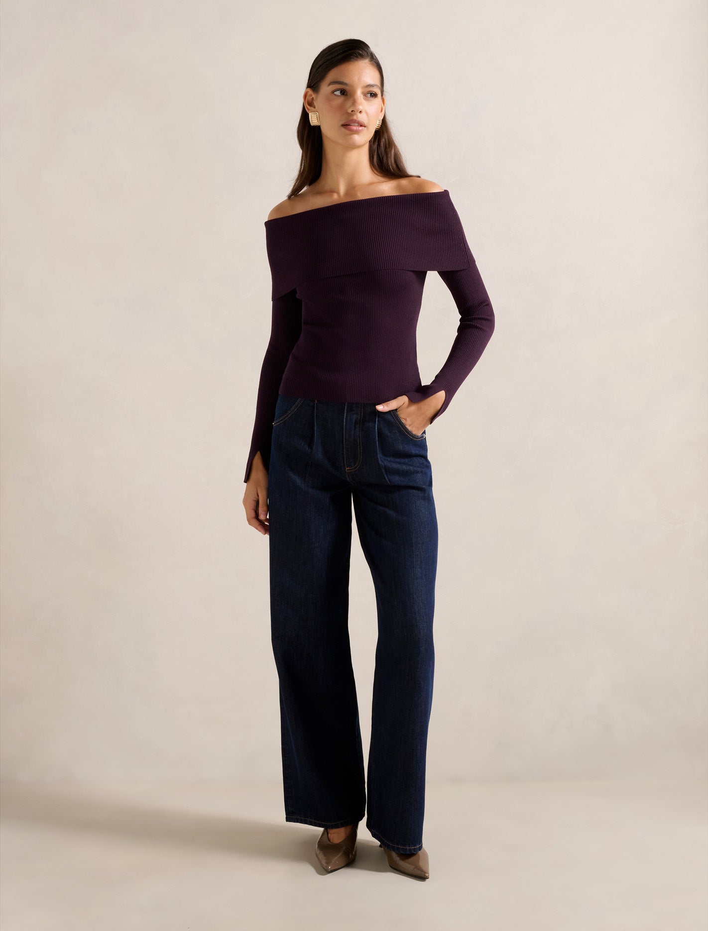 Billie Fold Over Knitted Bardot Top Mulberry