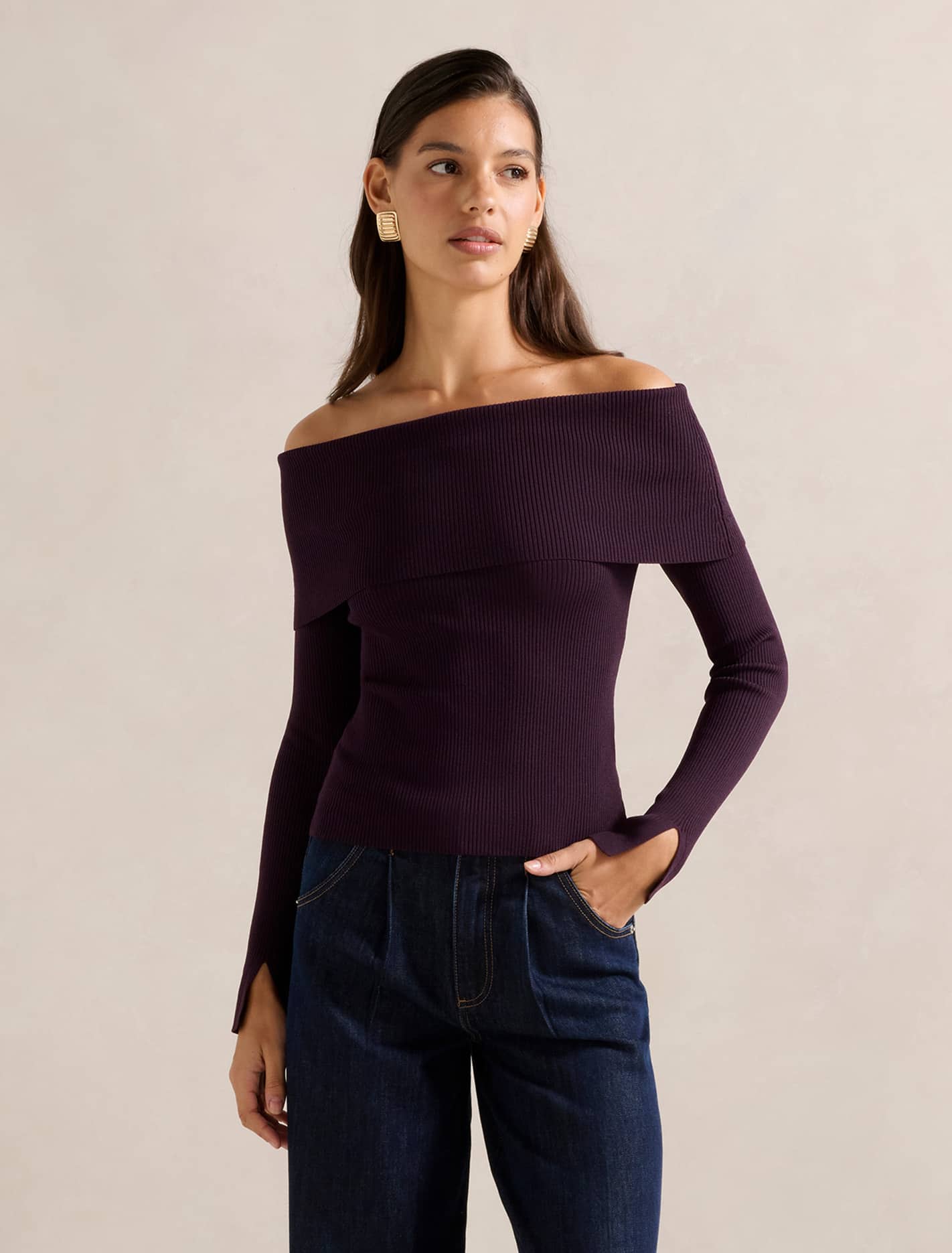 Billie Fold Over Knitted Bardot Top Mulberry