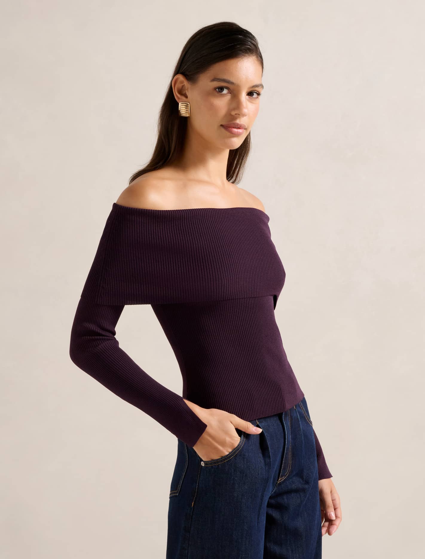 Billie Fold Over Knitted Bardot Top Mulberry