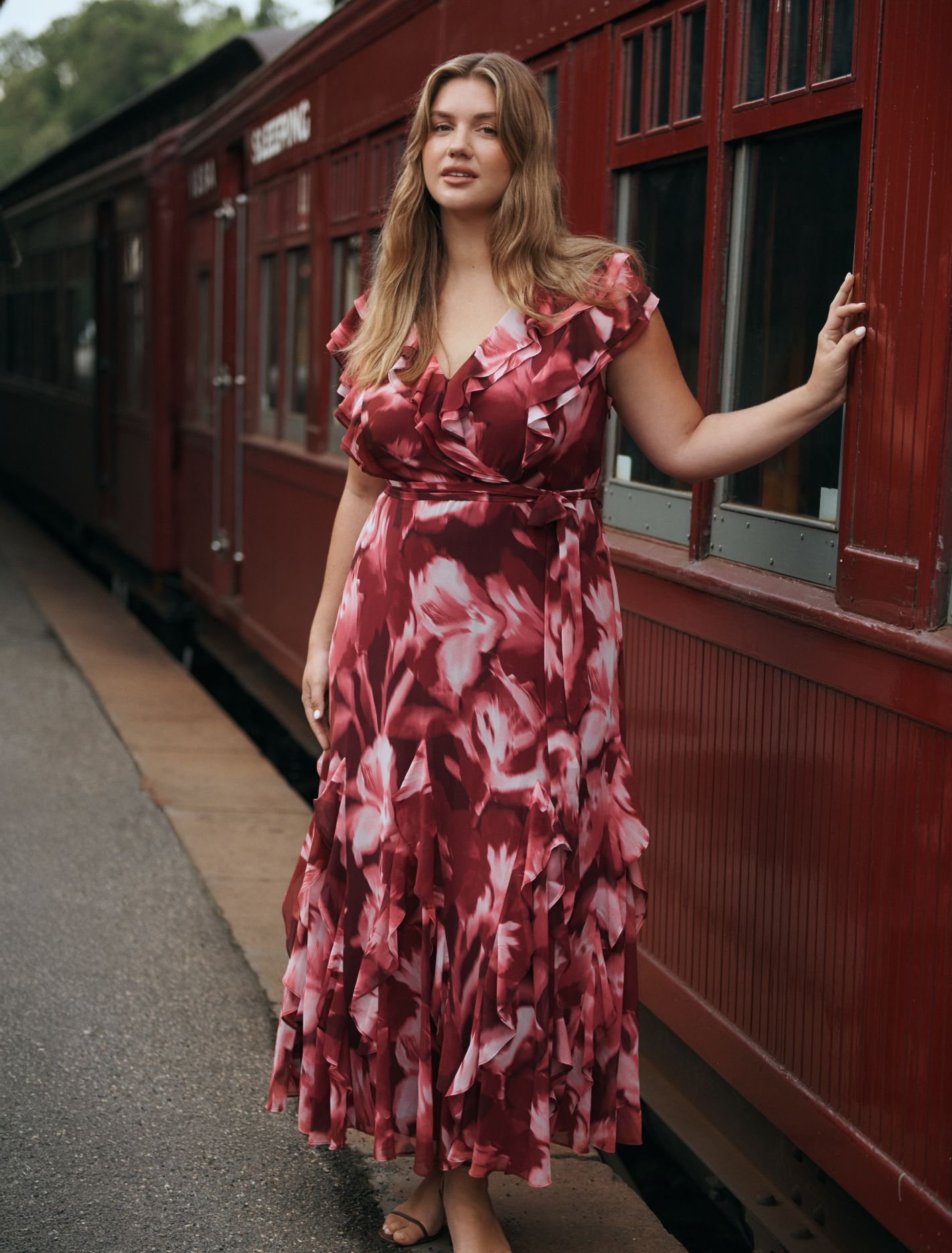Naya Curve Ruffle Midi Dress Berry Odella Floral