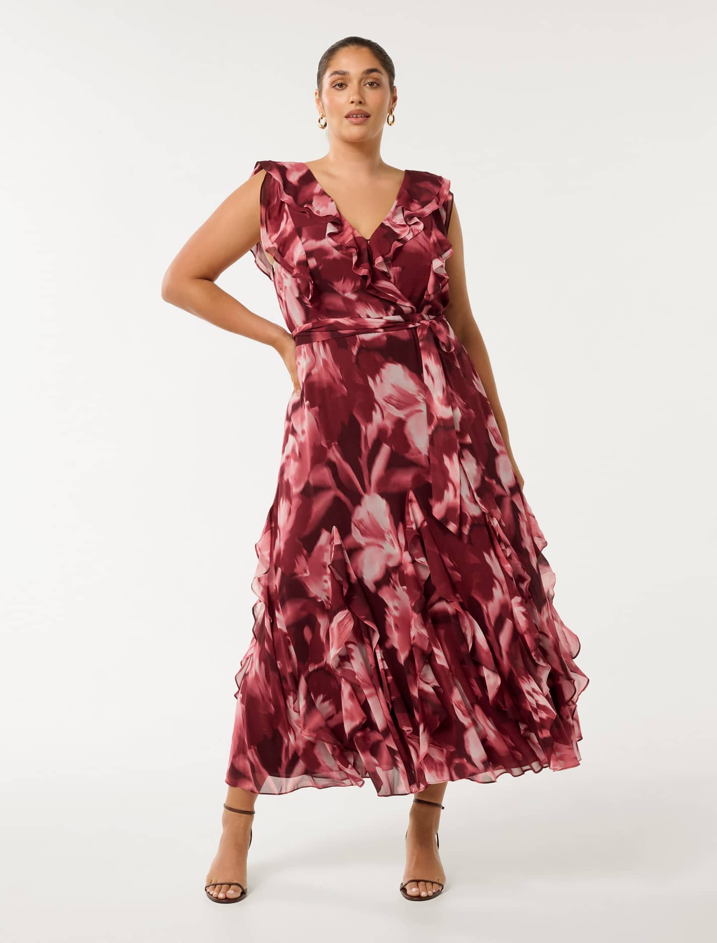 Naya Curve Ruffle Midi Dress Berry Odella Floral