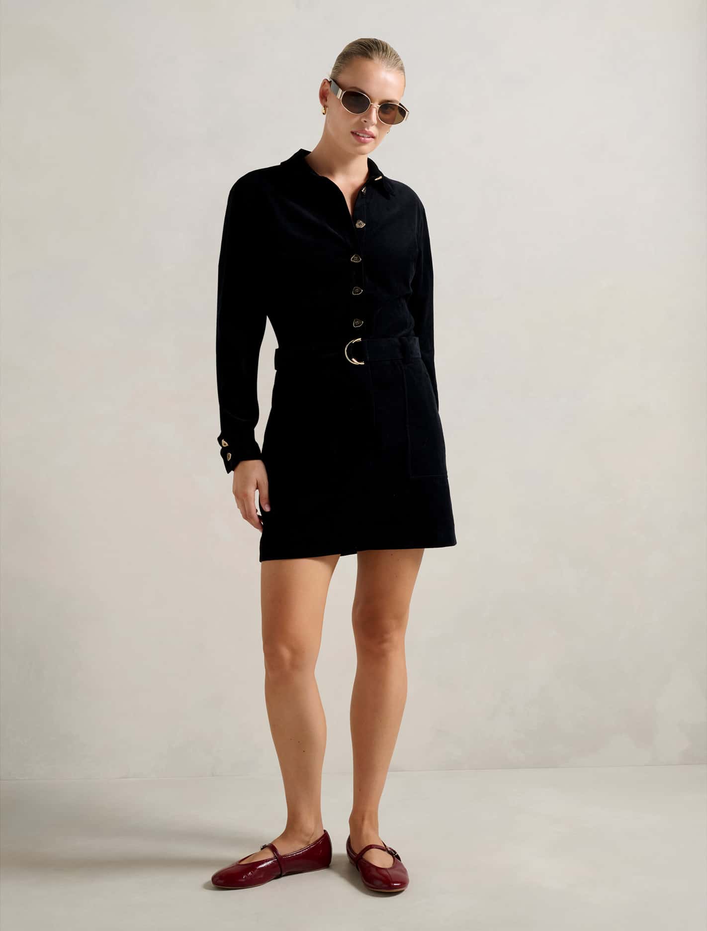Tess Long Sleeve Cord Mini Dress Black