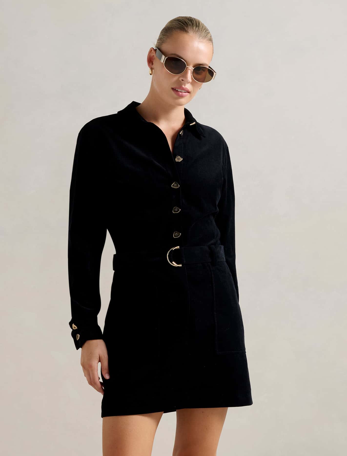 Tess Long Sleeve Cord Mini Dress Black
