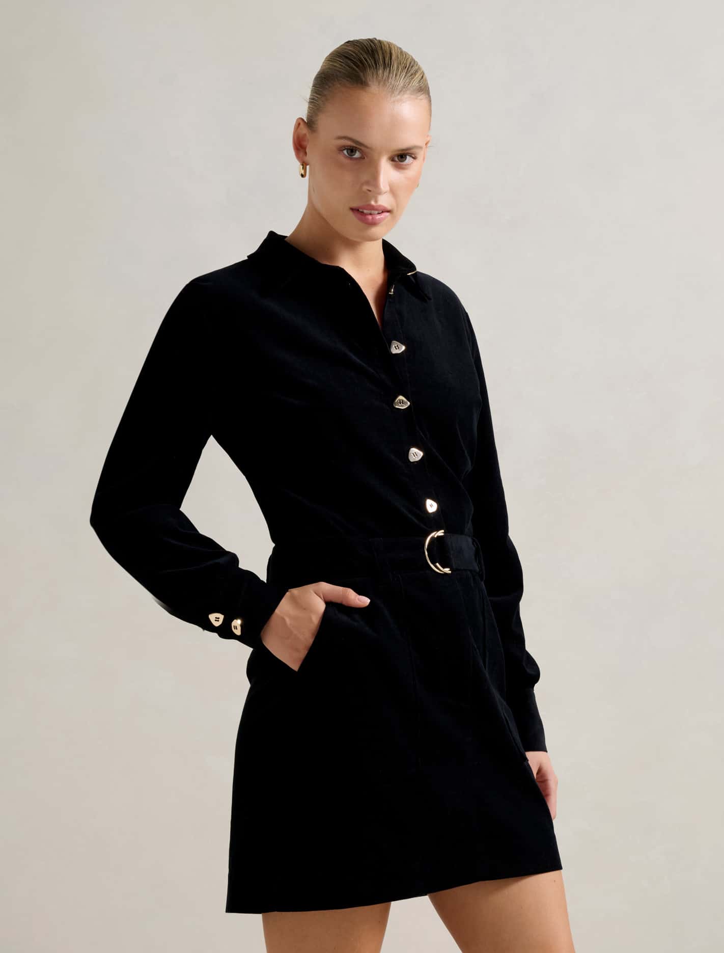 Tess Long Sleeve Cord Mini Dress Black
