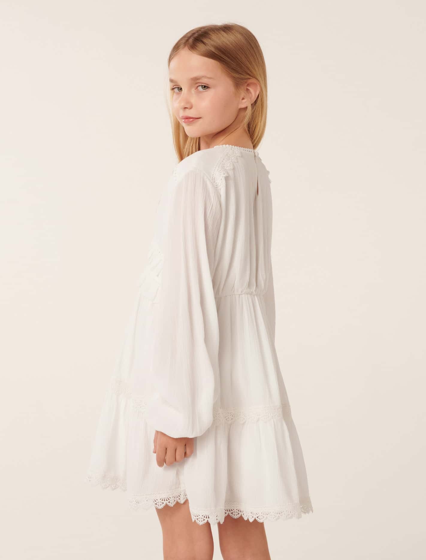 Everly Teen Lace Trim Dress White Cloud